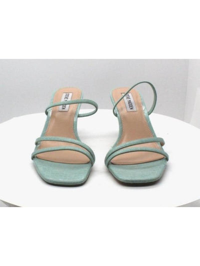 STEVE MADDEN Womens Turquoise Geometric Padded Strappy Stretch Loft Square Toe Kitten Heel Slip On Sandals Shoes 9.5 M