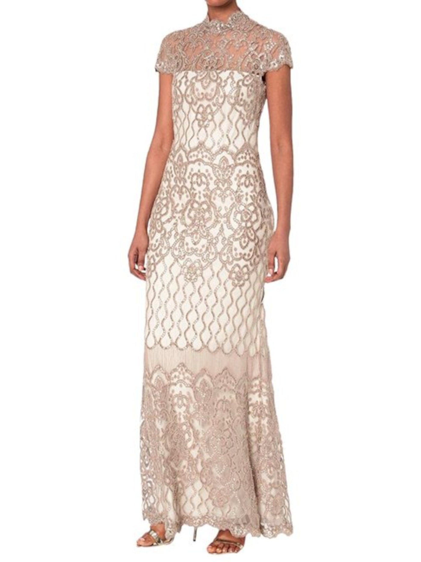 TADASHI SHOJI Womens Beige Sequined Embroidered Lace Sheer Zippered Lined Floral Cap Sleeve Mock Neck Full-Length Evening Gown Dress 2