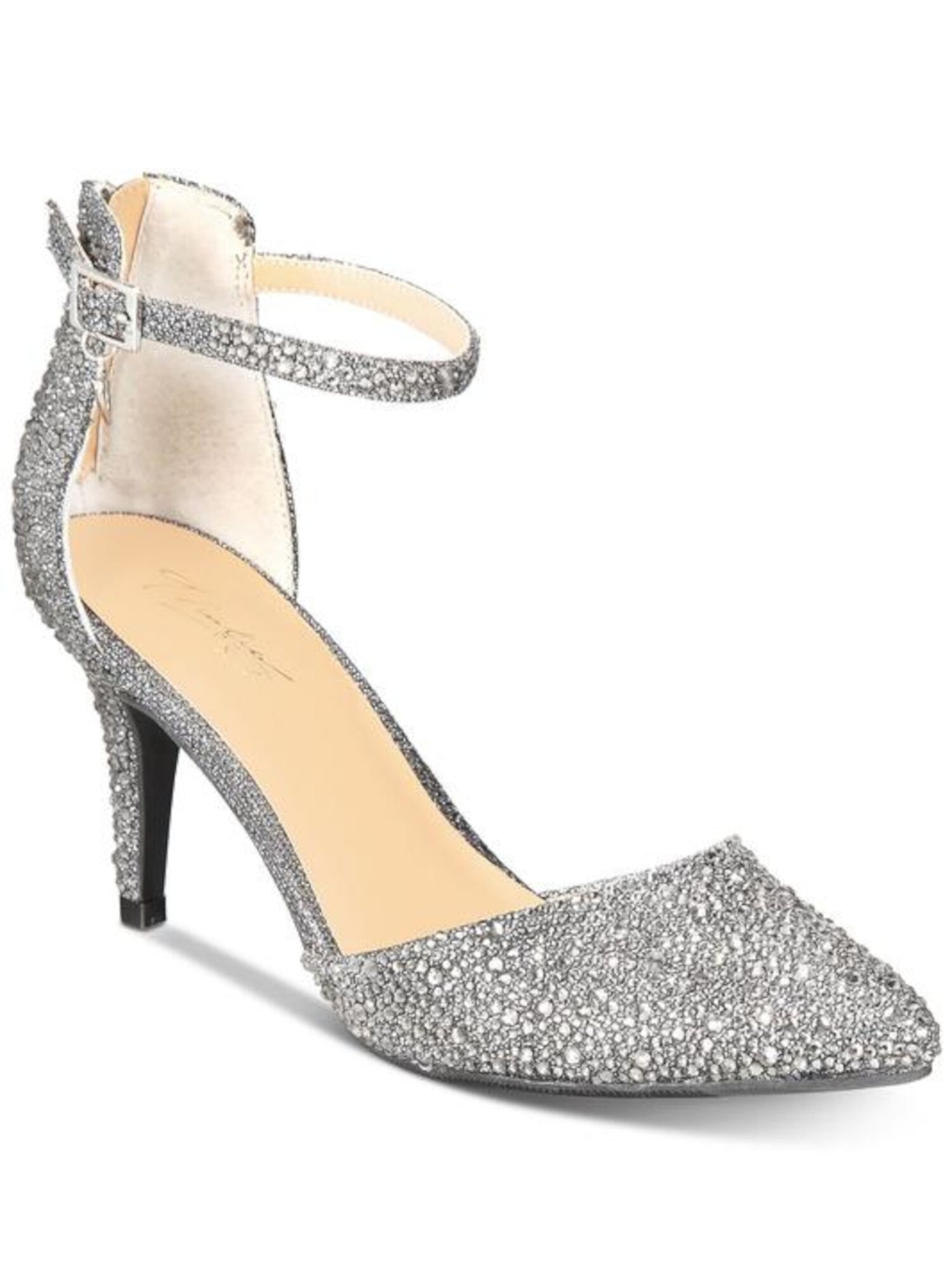 THALIA SODI Womens Gray Buckle Accent Charm Padded D'orsay Ankle Strap Glitter Vanesssa Pointed Toe Stiletto Zip-Up Dress Pumps Shoes 6.5 M