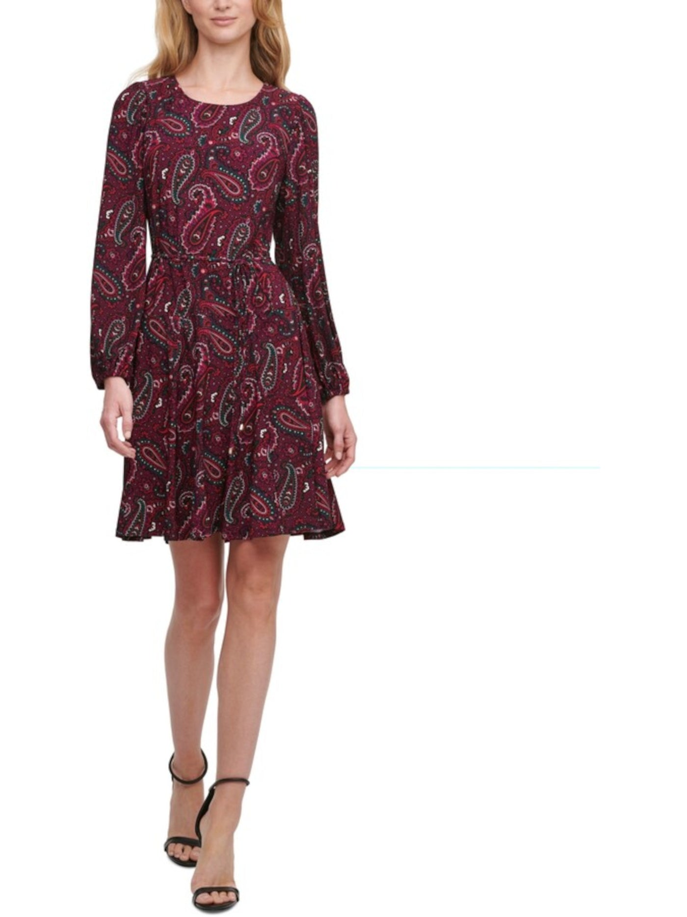 TOMMY HILFIGER Womens Burgundy Stretch Zippered Belted Paisley Long Sleeve Crew Neck Knee Length Wear To Work Fit + Flare Dress 2