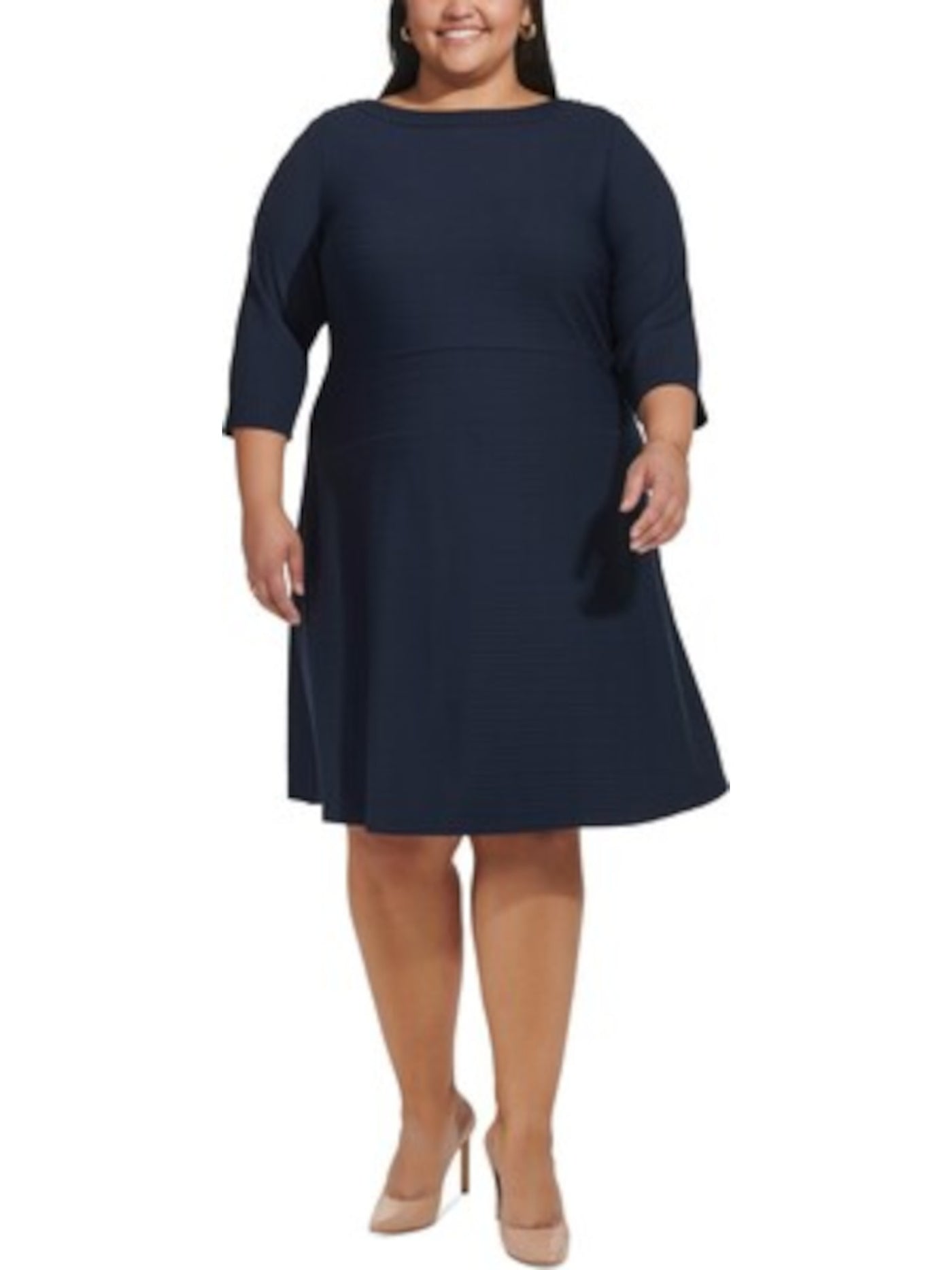 TOMMY HILFIGER Womens Navy Knit Textured Zippered Button Accents 3/4 Sleeve Boat Neck Knee Length Wear To Work Fit + Flare Dress Plus 18W