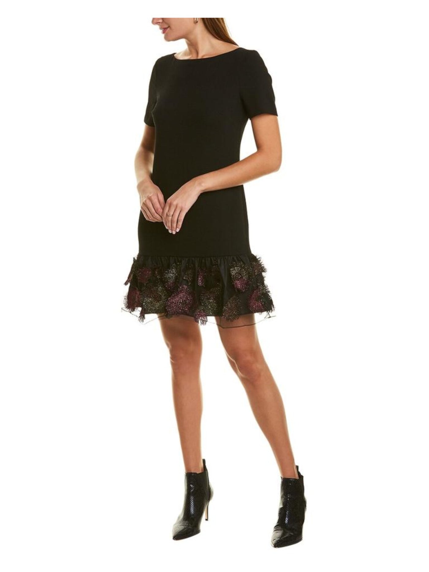 TRINA TURK Womens Black Sheer Shimmering Patterned Short Sleeve Jewel Neck Short Party Fit + Flare Dress 0