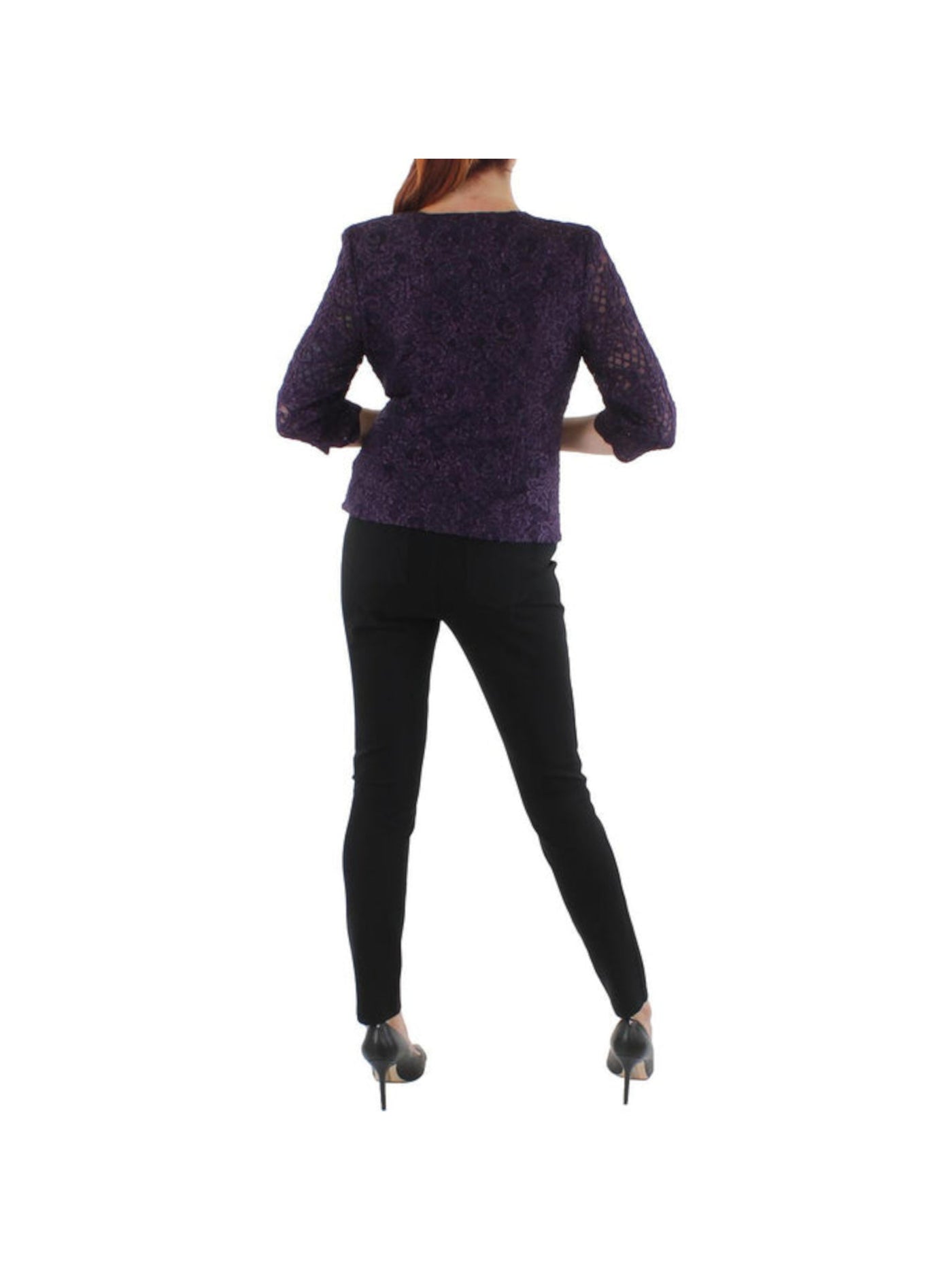 ALEX EVENINGS Womens Purple Lined Shoulder Pads 3/4 Sleeve Open Front Party Cardigan 8