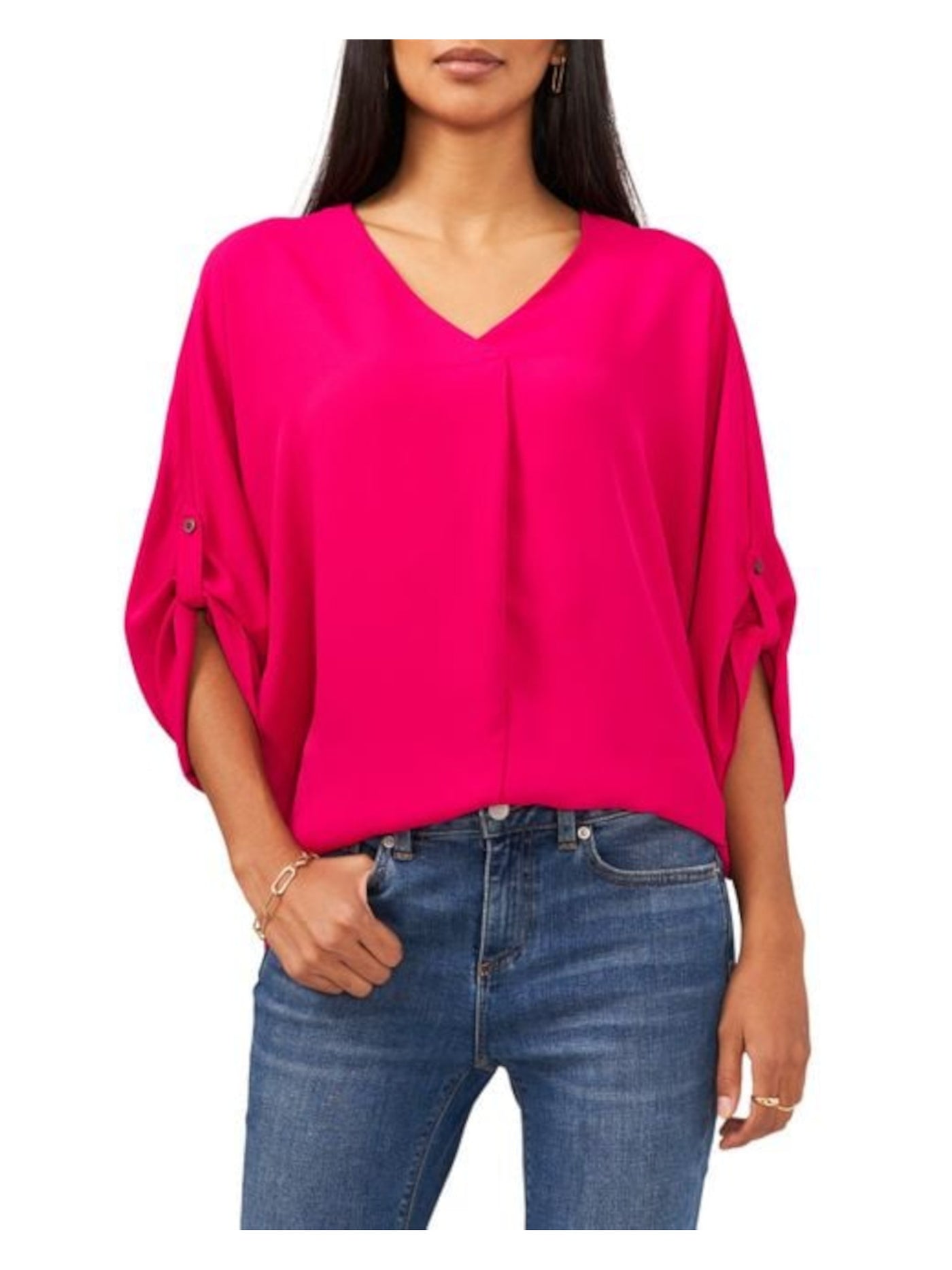 VINCE CAMUTO Womens Pink Pleated Sheer Roll Tab Pullover Vented Hem Dolman Sleeve V Neck Blouse L
