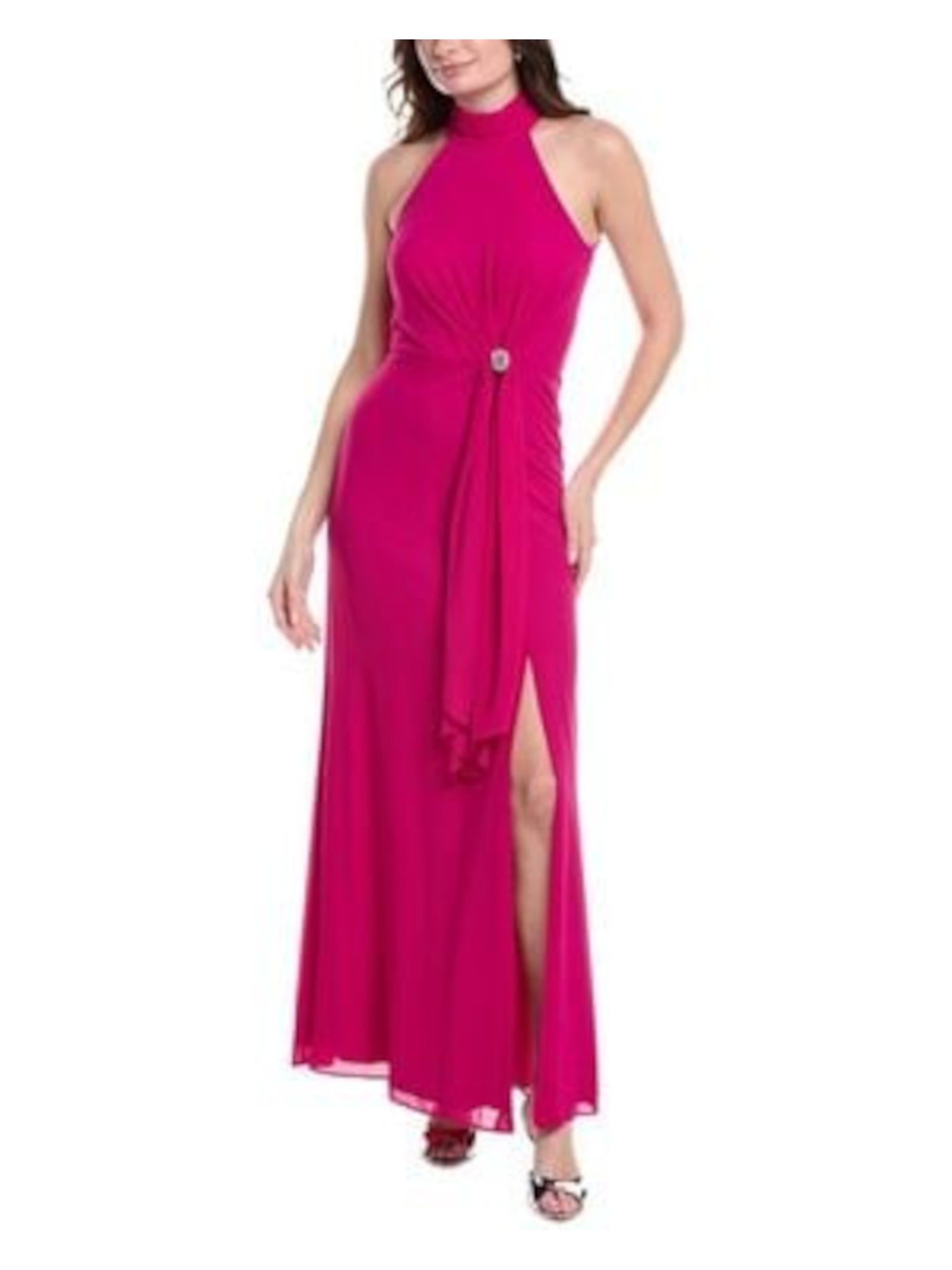 VINCE CAMUTO Womens Pink Zippered Pleated Buttoned Back Keyhole Embellishe Sleeveless Halter Full-Length Evening Gown Dress 4