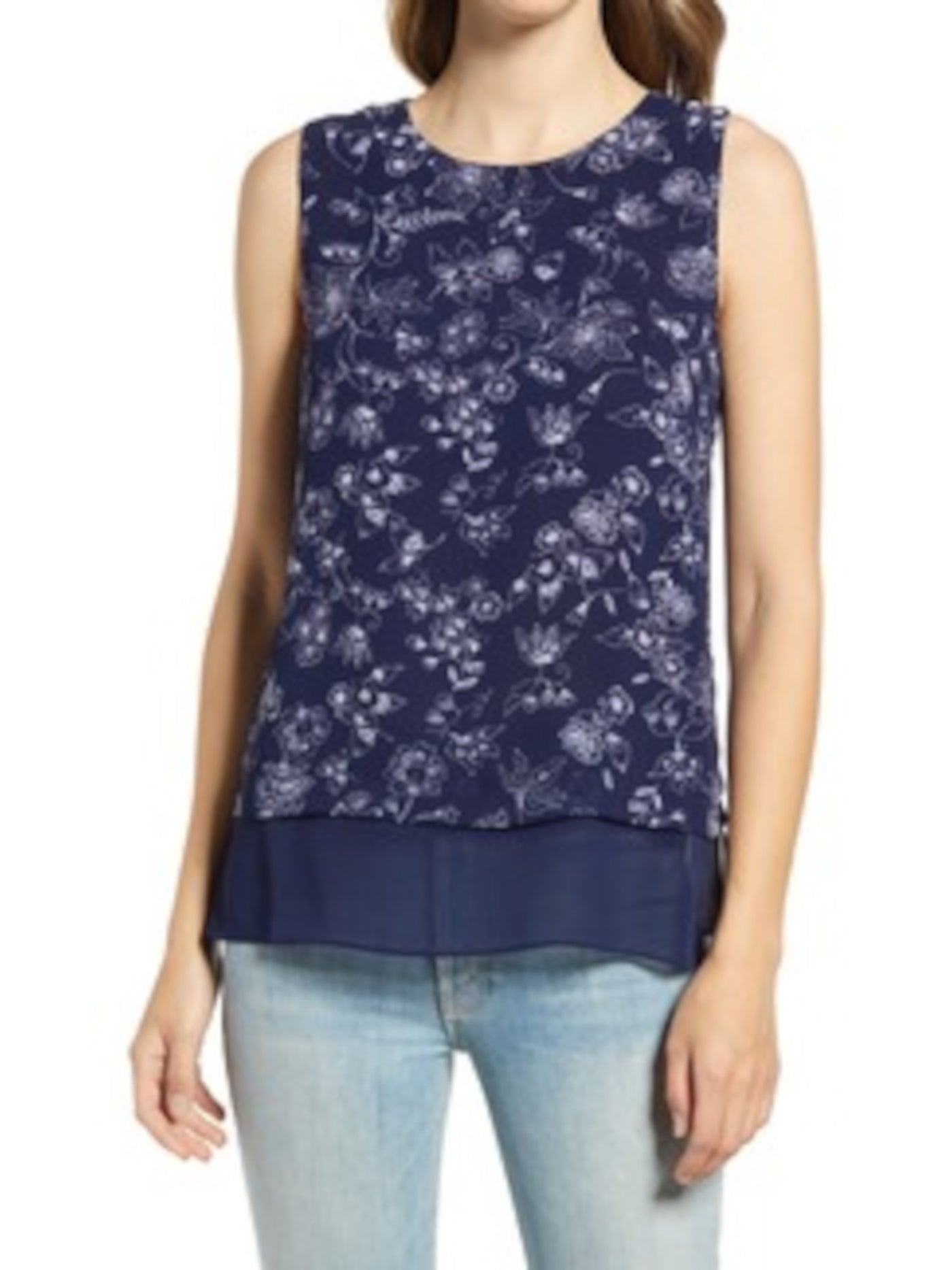 VINCE CAMUTO Womens Navy Printed Sleeveless Crew Neck Top M