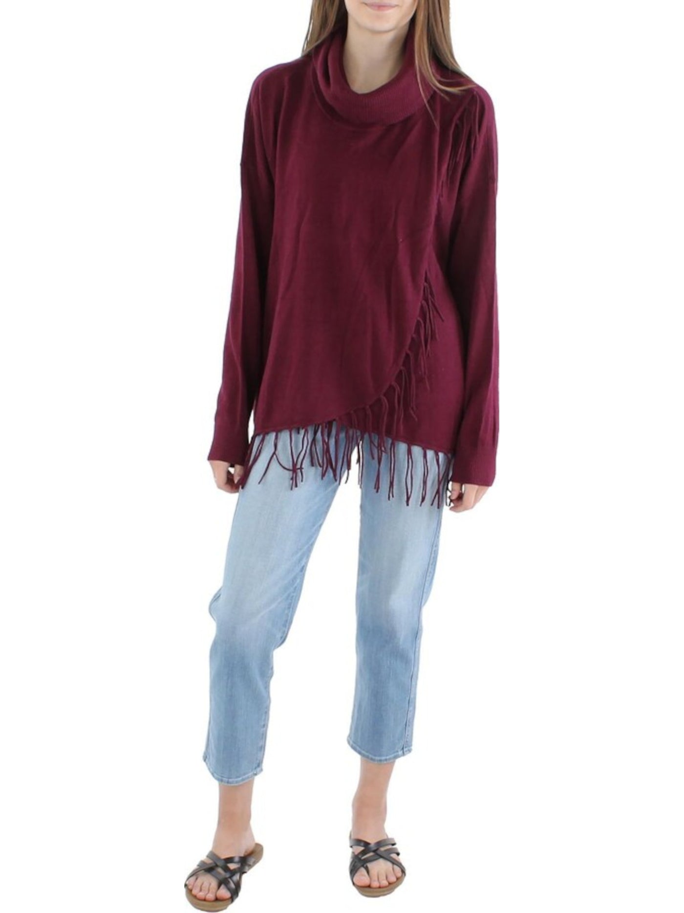 MICHAEL MICHAEL KORS Womens Burgundy Fringed Ribbed Trim Long Sleeve Turtle Neck Sweater M