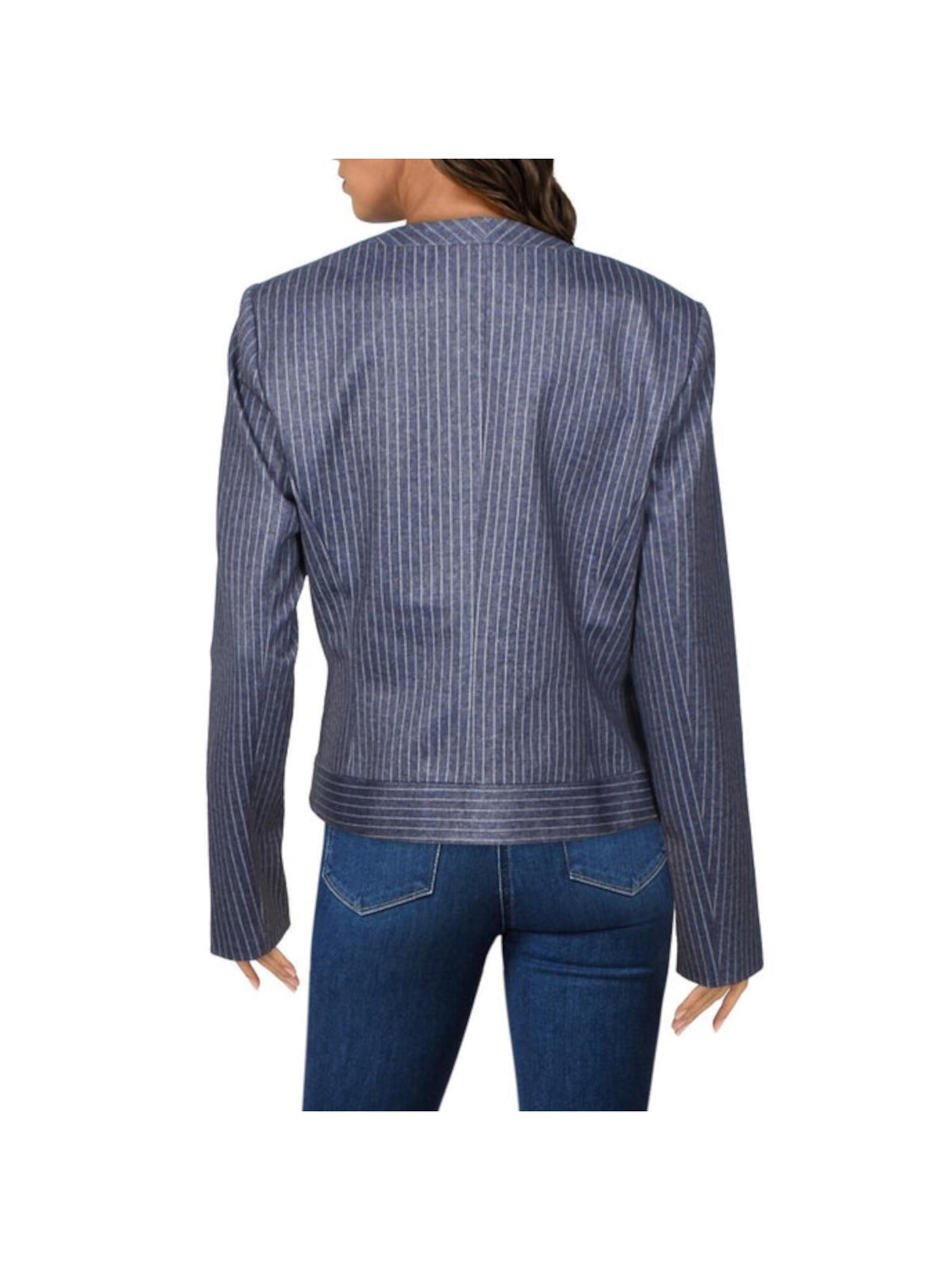 TOMMY HILFIGER Womens Blue Zippered Pocketed Lined Fitted Pinstripe Long Sleeve Collarless Wear To Work Blazer Jacket 16