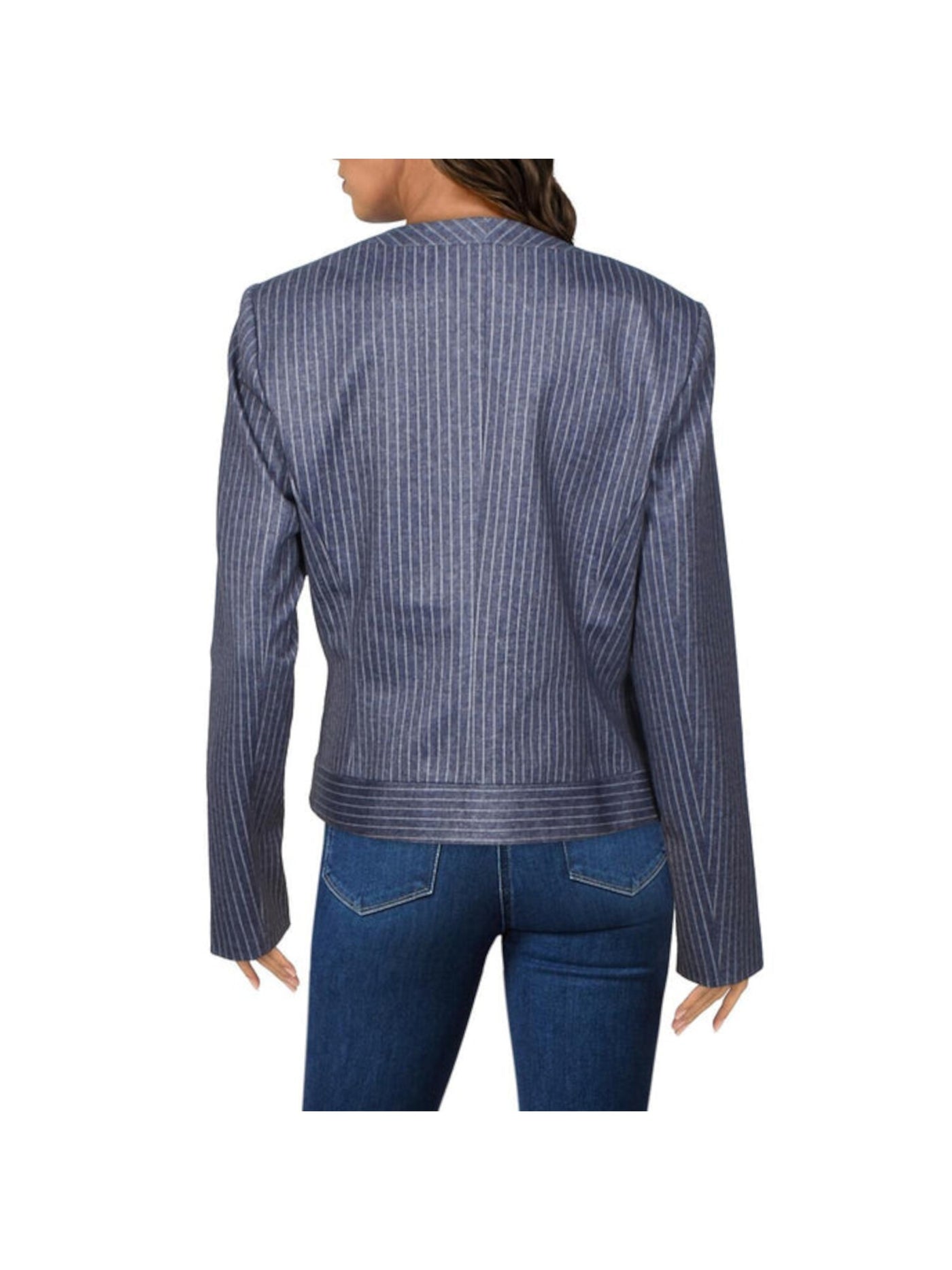 TOMMY HILFIGER Womens Blue Zippered Pocketed Lined Fitted Pinstripe Long Sleeve Collarless Wear To Work Blazer Jacket 12