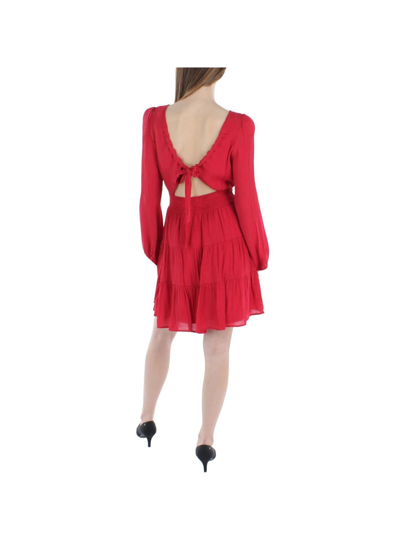 CITY STUDIO Womens Red Smocked Textured Tie Back Crinkle Cutout Lined Long Sleeve V Neck Short Fit + Flare Dress L