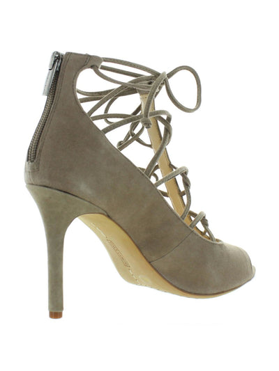VINCE CAMUTO Womens Beige Cage-Inspired Lace Comfort Chennan Open Toe Stiletto Zip-Up Suede Dress Pumps Shoes 8 M