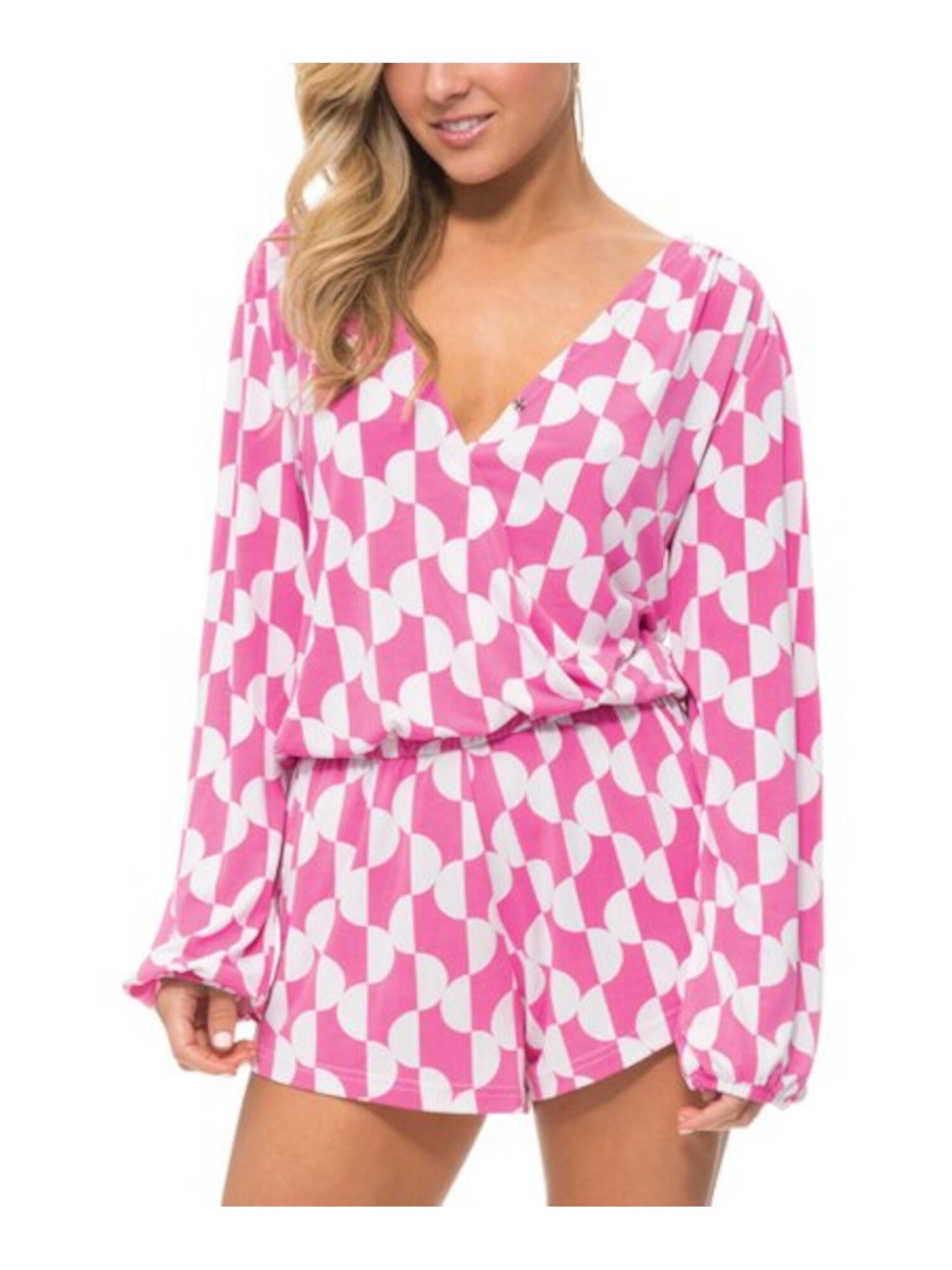 MACBETH COLLECTION Womens Pink Pocketed Elastic Waist And Cuffs Geometric Long Sleeve Surplice Neckline Faux Wrap Romper S