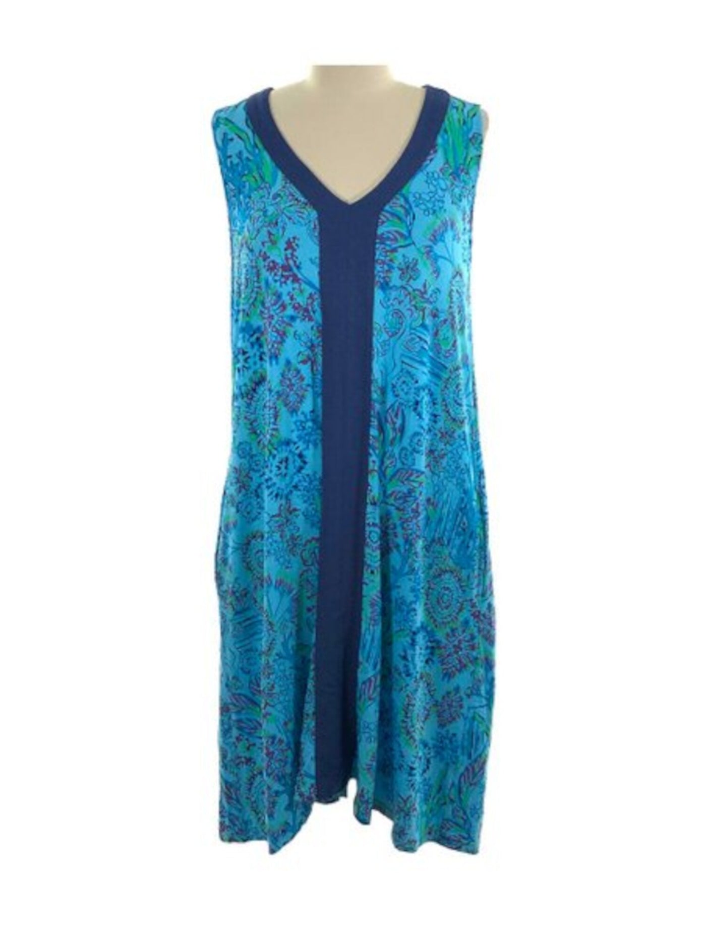 FRESH PRODUCE Womens Blue Stretch Pocketed Pullover Floral Sleeveless V Neck Above The Knee Shift Dress S