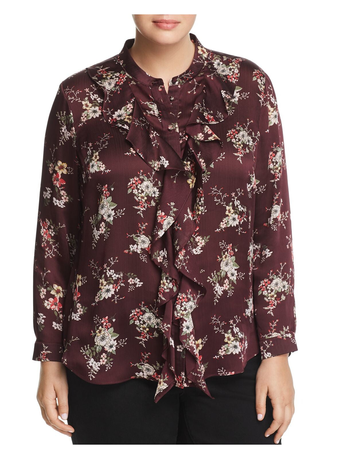 VINCE CAMUTO Womens Maroon Ruffled Band Collar Button Up Curved Hem Floral Long Sleeve Wear To Work Blouse Plus 3X