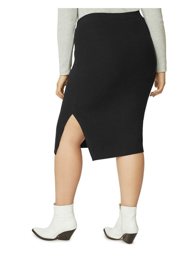 SANCTUARY Womens Black Stretch Ribbed Slitted Pull-on Midi Pencil Skirt Plus 3X
