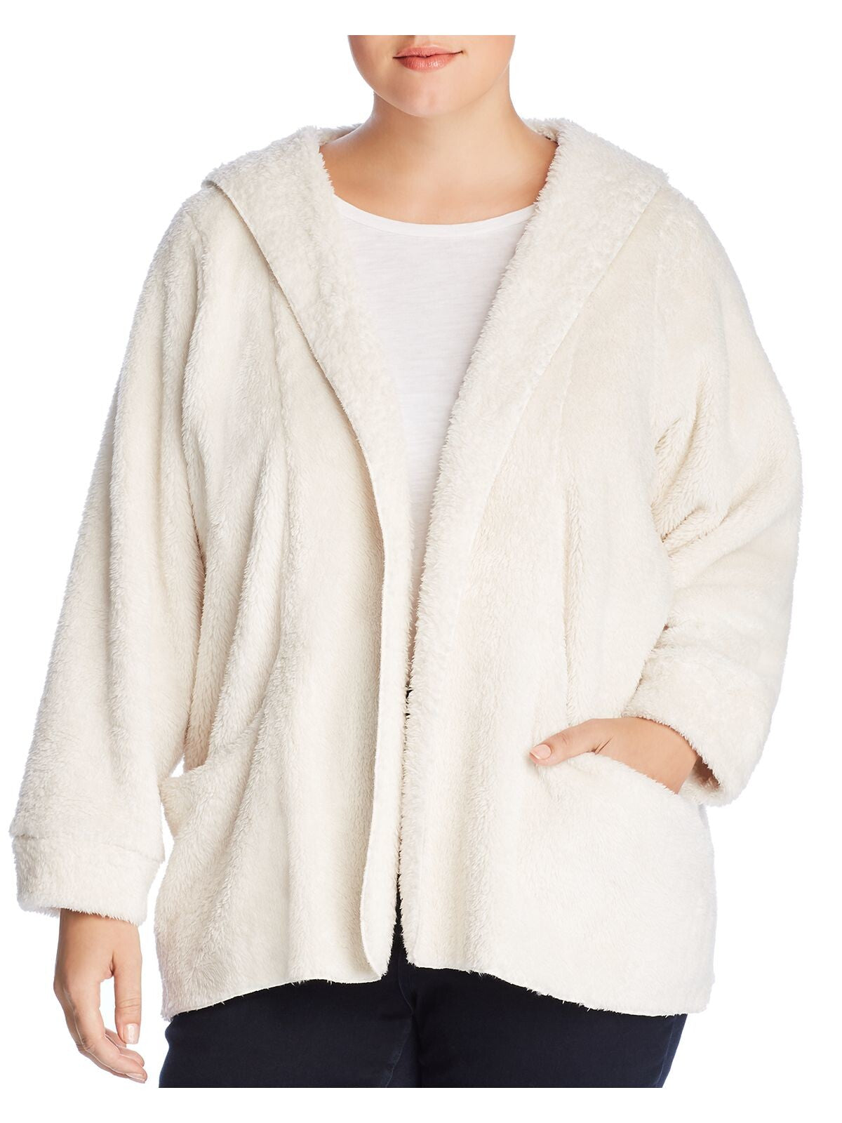 CUPIO BLUSH Womens White Fleece Pocketed Long Sleeve Open Front Jacket Plus 1X