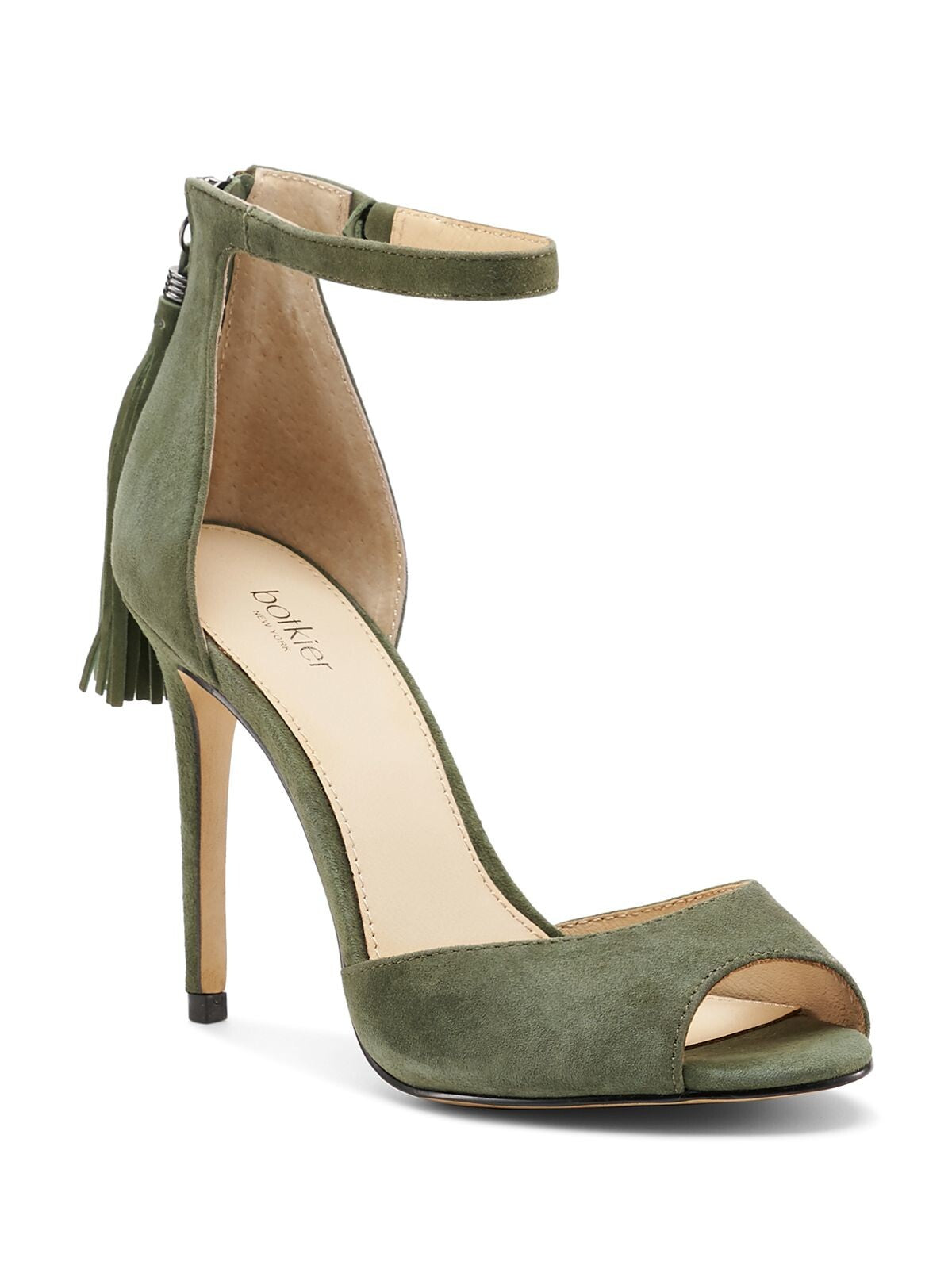 BOTKIER Womens Winter Green Padded Ankle Strap Tasseled Anna Open Toe Stiletto Zip-Up Leather Dress Sandals Shoes 8.5 M