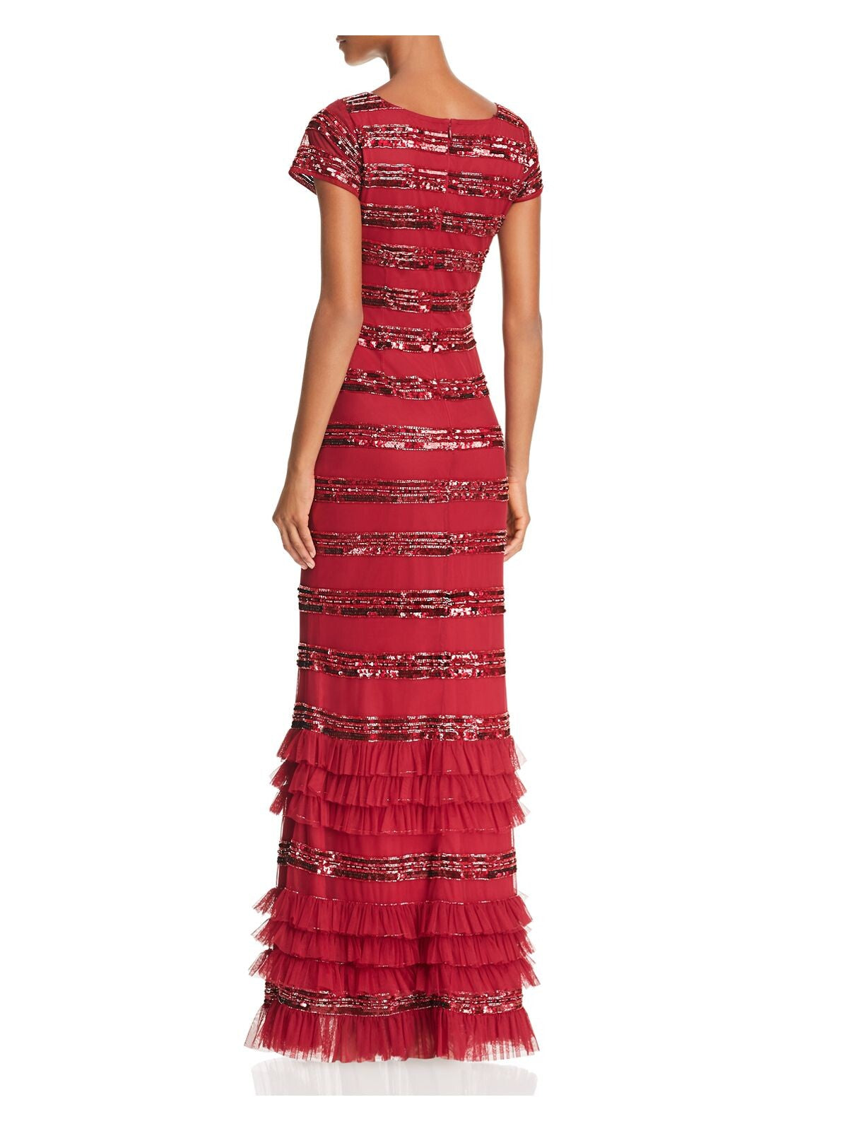 AIDAN MATTOX Womens Red Zippered Tiered-ruffle Trims Lined Cap Sleeve Scoop Neck Full-Length Evening Gown Dress 0