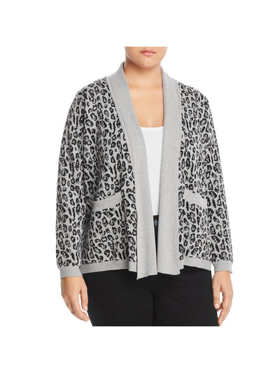A + A COLLECTION Womens Gray Stretch Pocketed Animal Print Long Sleeve Open Cardigan Sweater Plus 2X