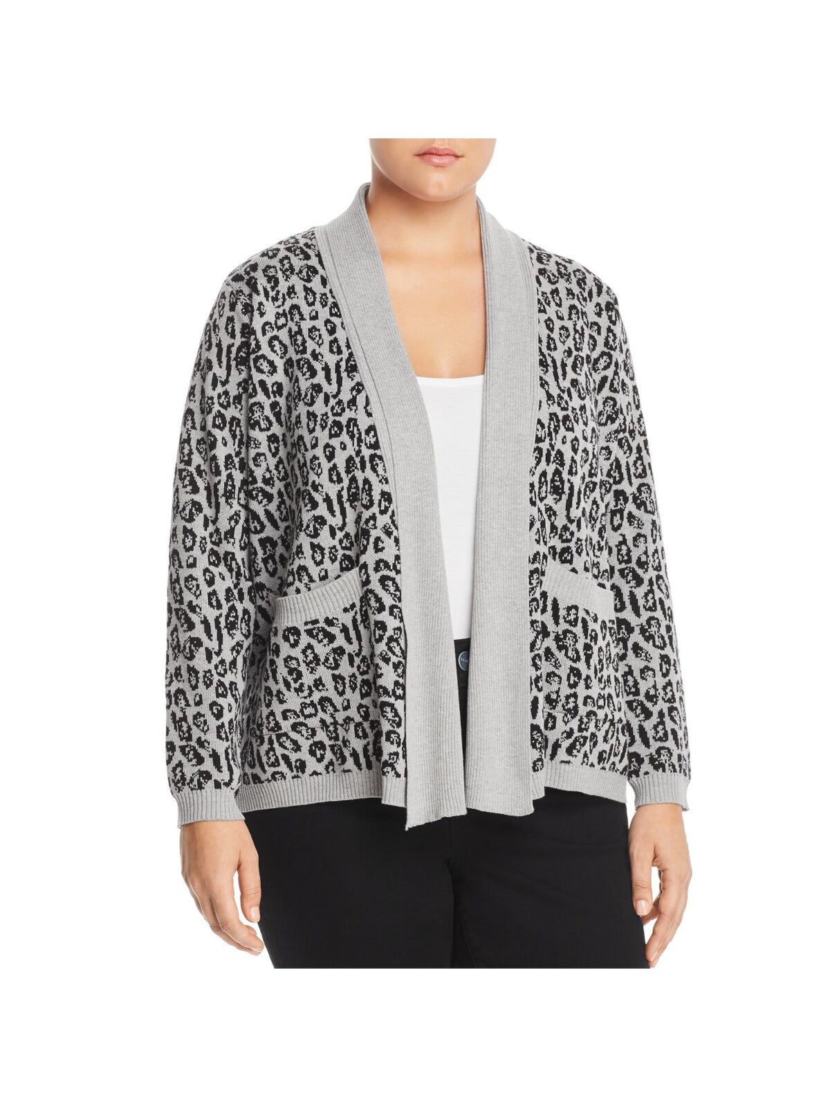 A + A COLLECTION Womens Gray Stretch Pocketed Animal Print Long Sleeve Open Cardigan Sweater Plus 3X