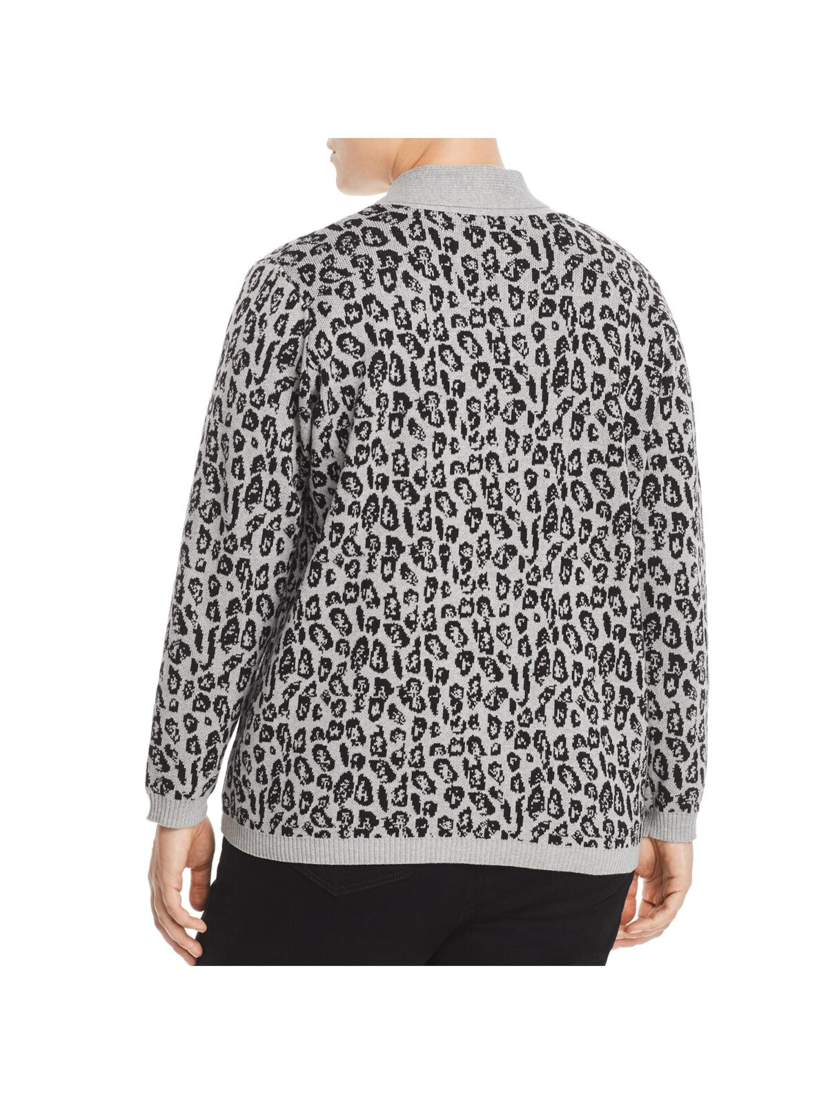 A + A COLLECTION Womens Gray Stretch Pocketed Animal Print Long Sleeve Open Front Sweater 1X