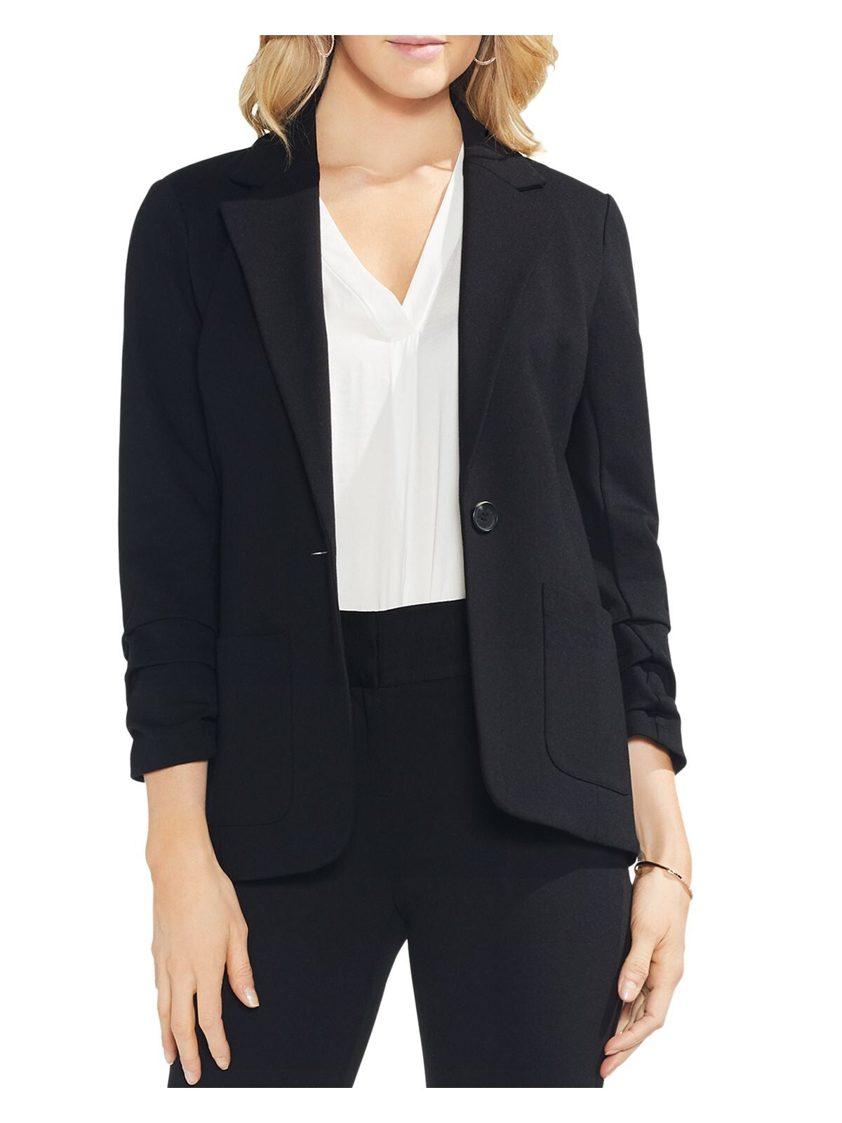 VINCE CAMUTO Womens Black Pocketed Ruched 3/4 Sleeve Notched Collar Button Wear To Work Blazer Jacket L