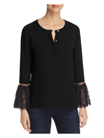 LE GALI Womens Black Lace Trim Bell Sleeve Henley Blouse XS