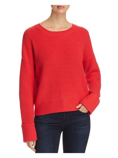 KENNETH COLE Womens Red Ribbed Cropped Drop Shoulder Roll Cuffs Long Sleeve Crew Neck Sweater XXS