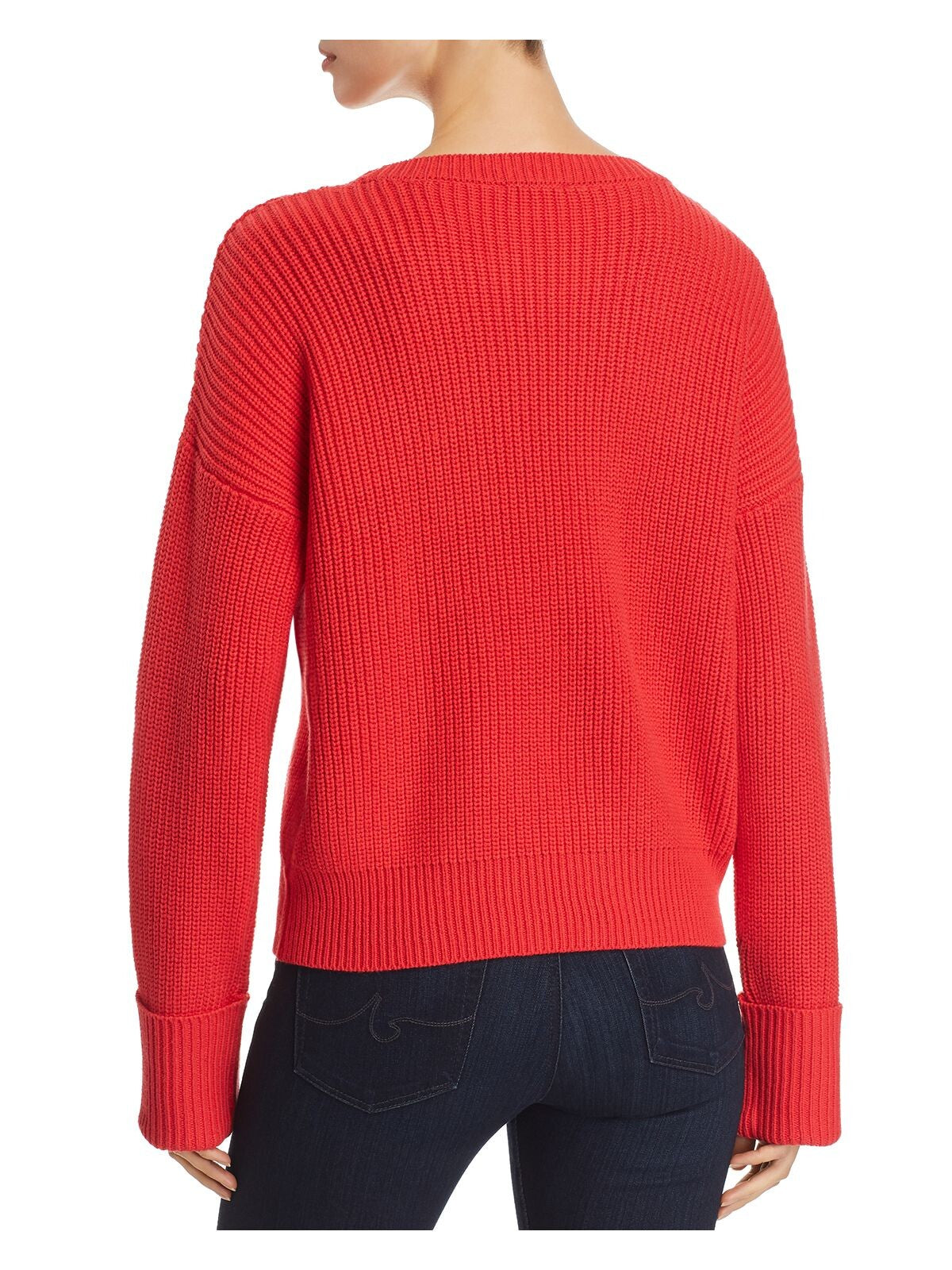 KENNETH COLE Womens Red Ribbed Cropped Drop Shoulder Roll Cuffs Long Sleeve Crew Neck Sweater XXS