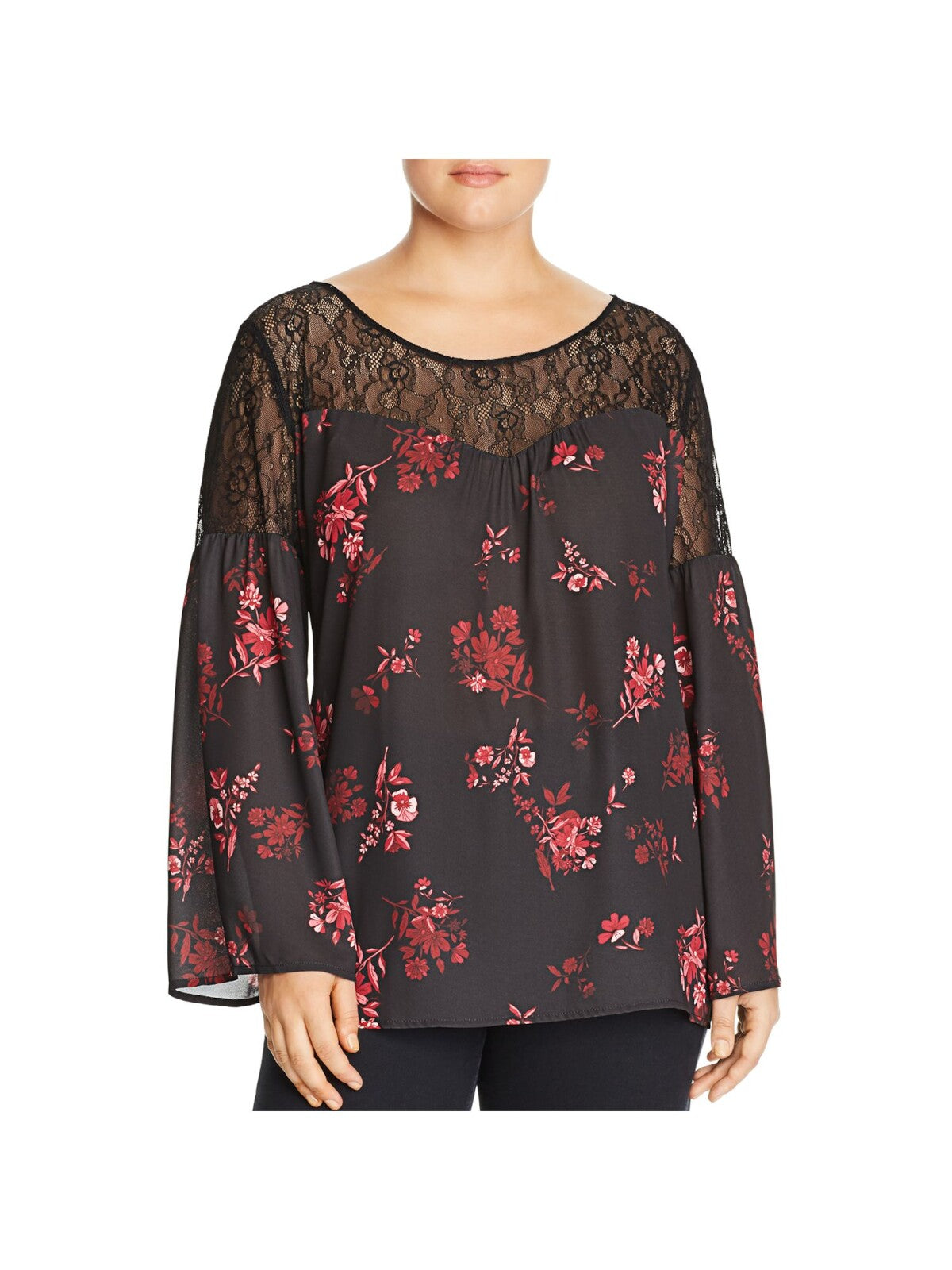LYSSE Womens Black Stretch Lace Pleated Pulllover Floral Bell Sleeve Scoop Neck Top Plus 3X