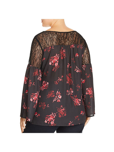 LYSSE Womens Black Stretch Lace Pleated Pulllover Floral Bell Sleeve Scoop Neck Top Plus 3X