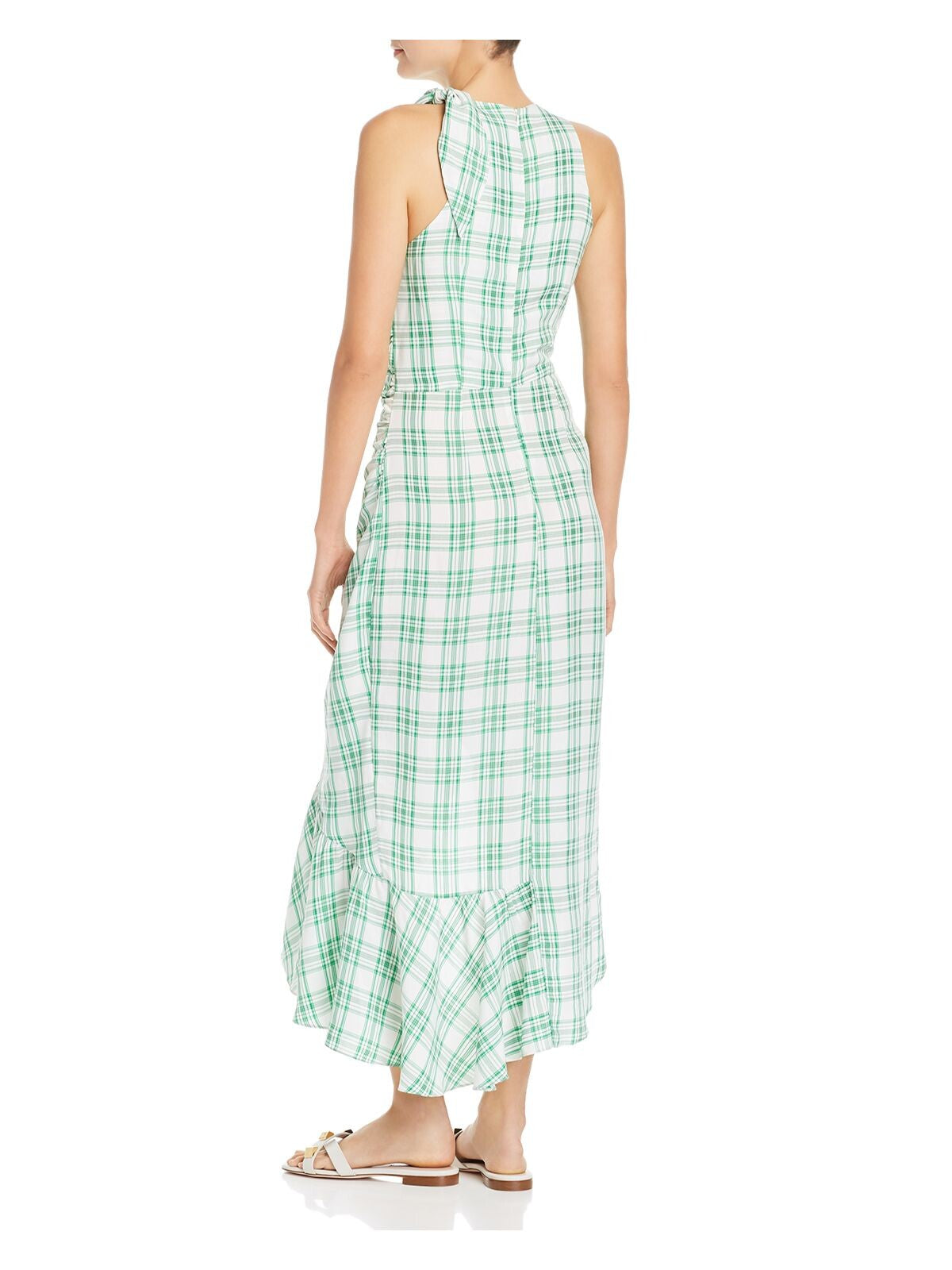 PAPER LONDON Womens Green Ruffled Plaid Jewel Neck Hi-Lo Dress 0