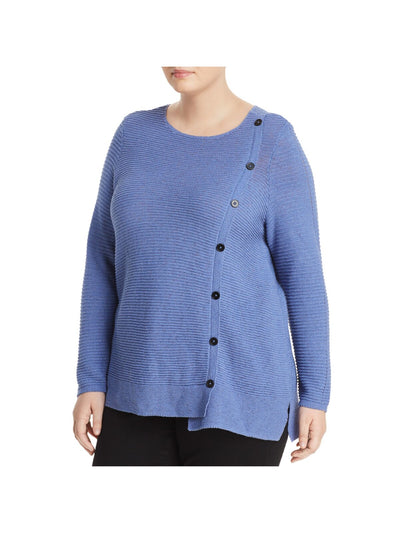 NIC+ZOE Womens Blue Knit Slitted Ribbed Asymmetrical Faux-wrap Front Long Sleeve Collarless Faux Wrap Sweater Plus 1X