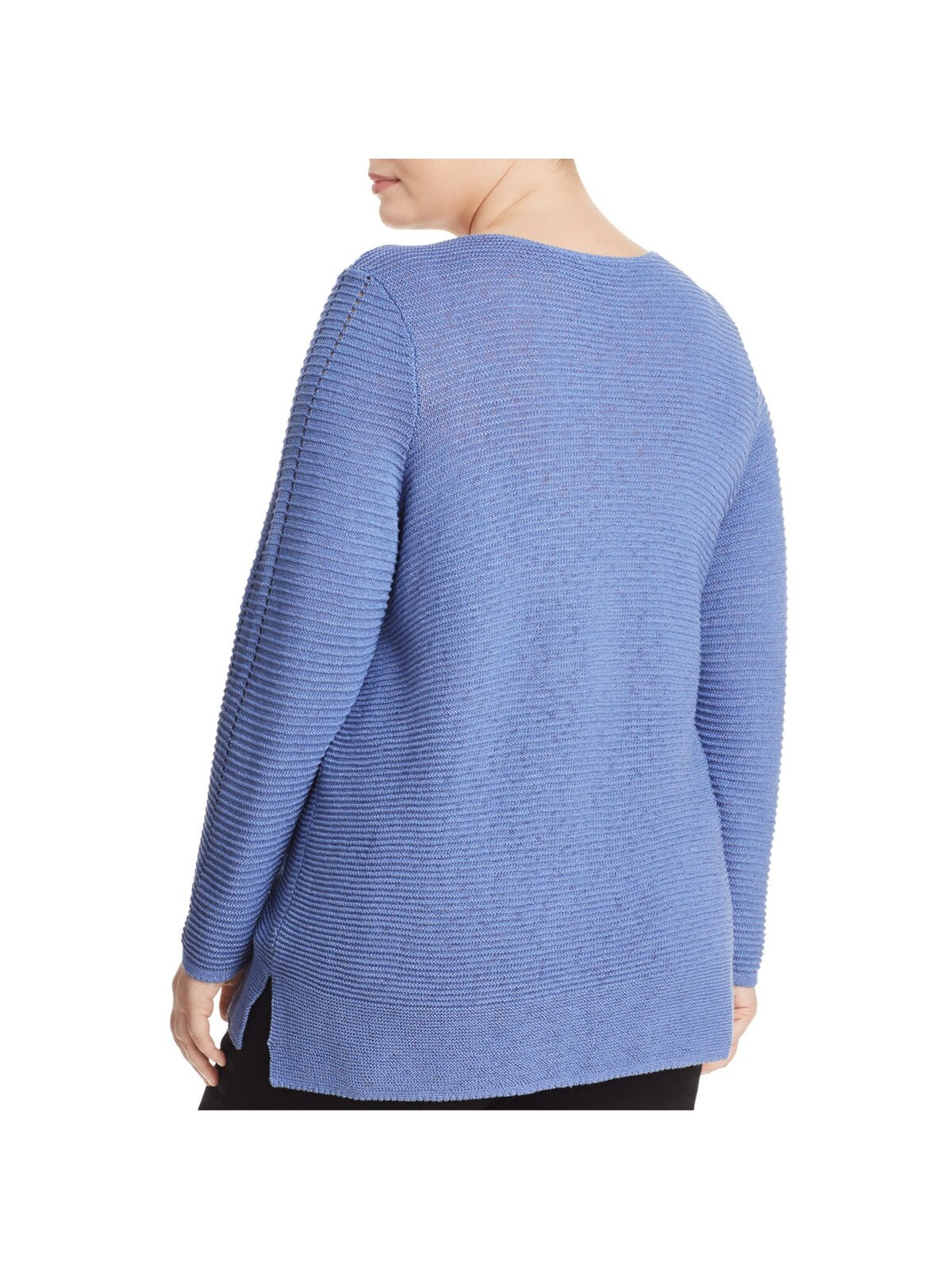 NIC+ZOE Womens Blue Knit Slitted Ribbed Asymmetrical Faux-wrap Front Long Sleeve Collarless Faux Wrap Sweater Plus 1X