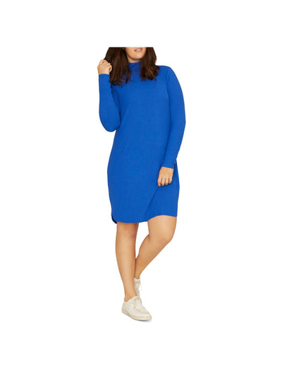 SANCTUARY Womens Blue Stretch Ribbed Long Sleeve Mock Neck Above The Knee Wear To Work Body Con Dress Plus 2X