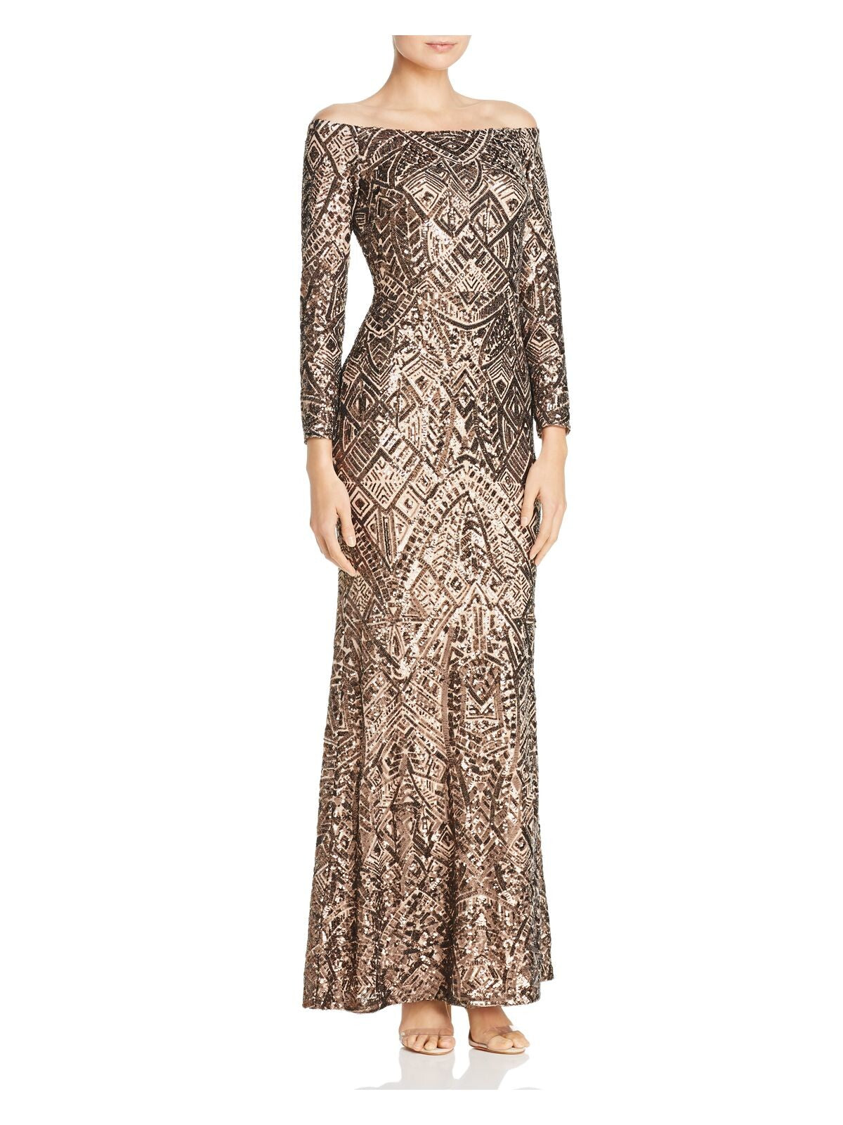 AQUA Womens Brown Sequined Zippered Long Sleeve Off Shoulder Full-Length Formal Body Con Dress 0