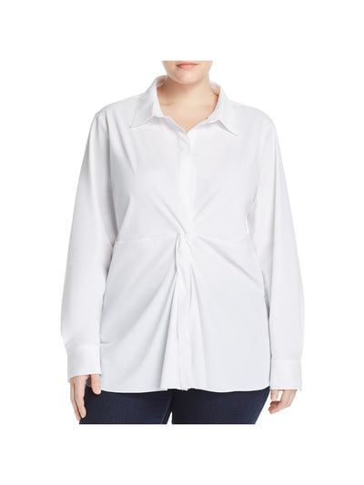 LYSSE Womens White Cuffed Sleeve Collared Wear To Work Button Up Top Plus 2X