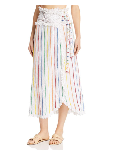 PLACE NATIONALE Womens White Lace Striped Tea-Length Accordion Pleat Skirt 2