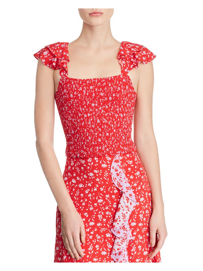 PARKER Womens Red Ruched Floral Cap Sleeve Square Neck Crop Top Size: L