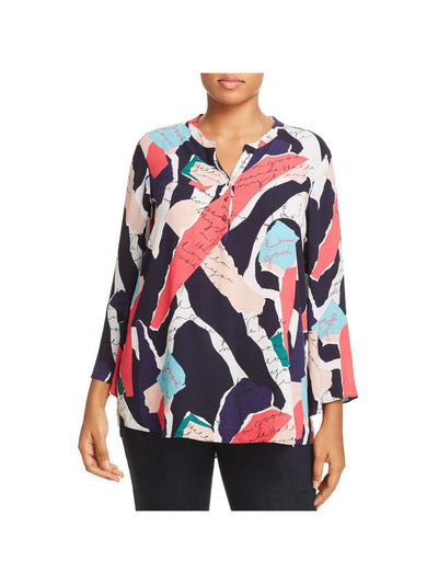 NIC+ZOE Womens Navy Printed Split Wear To Work Blouse Plus 3X