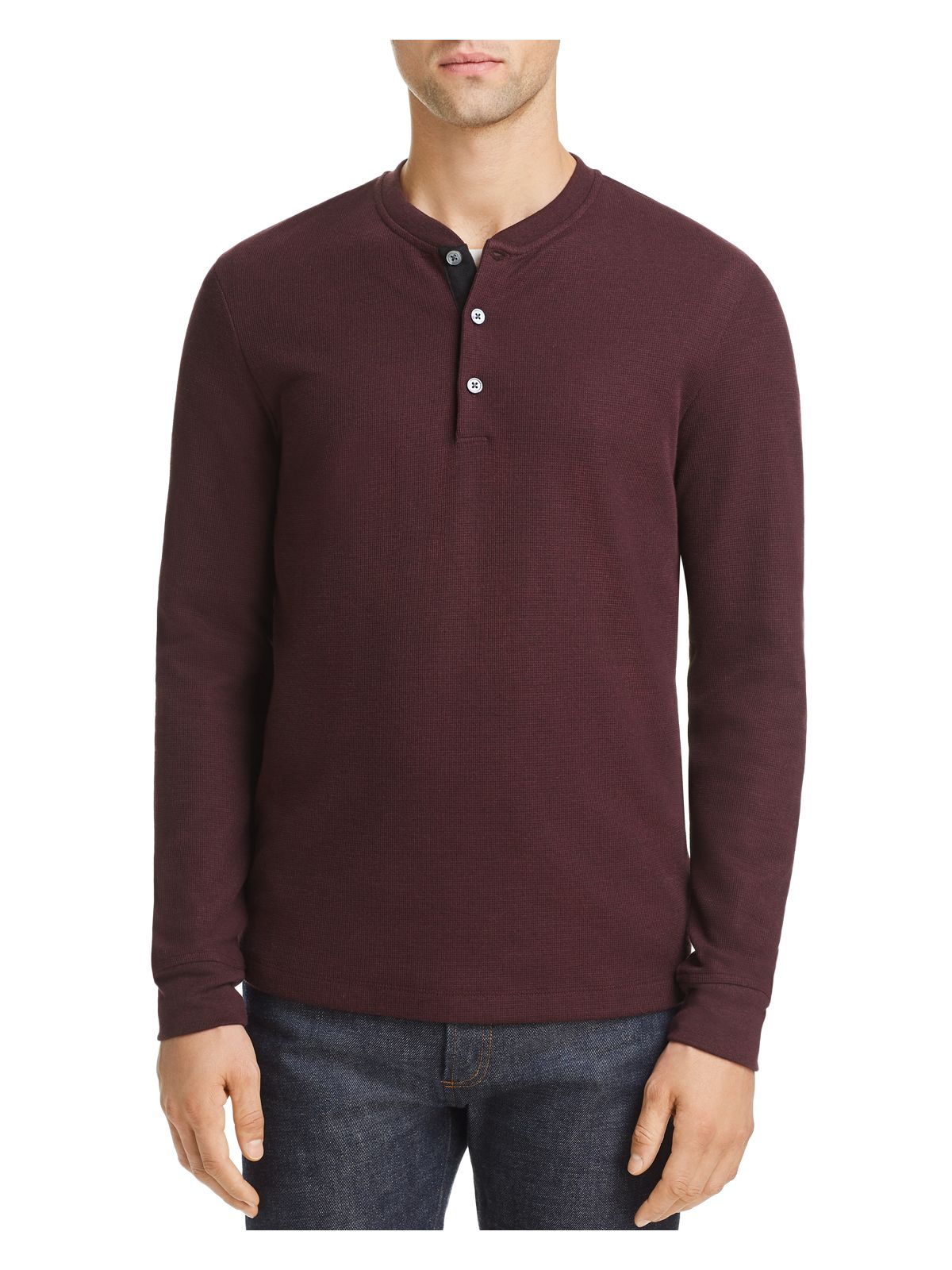 THEORY Mens Burgundy Long Sleeve Collarless Classic Fit Henley Shirt L