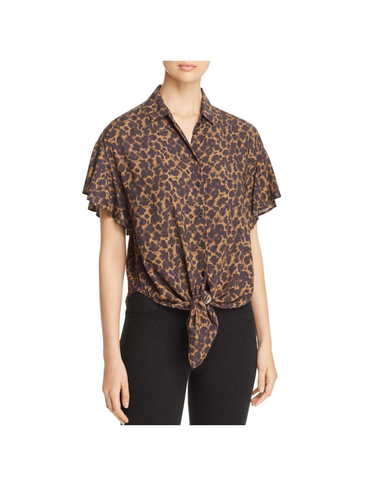 BEACHLUNCHLOUNGE COLLECTION Womens Brown Pleated Tie Front Animal Print Flutter Sleeve Collared Button Up Top XS
