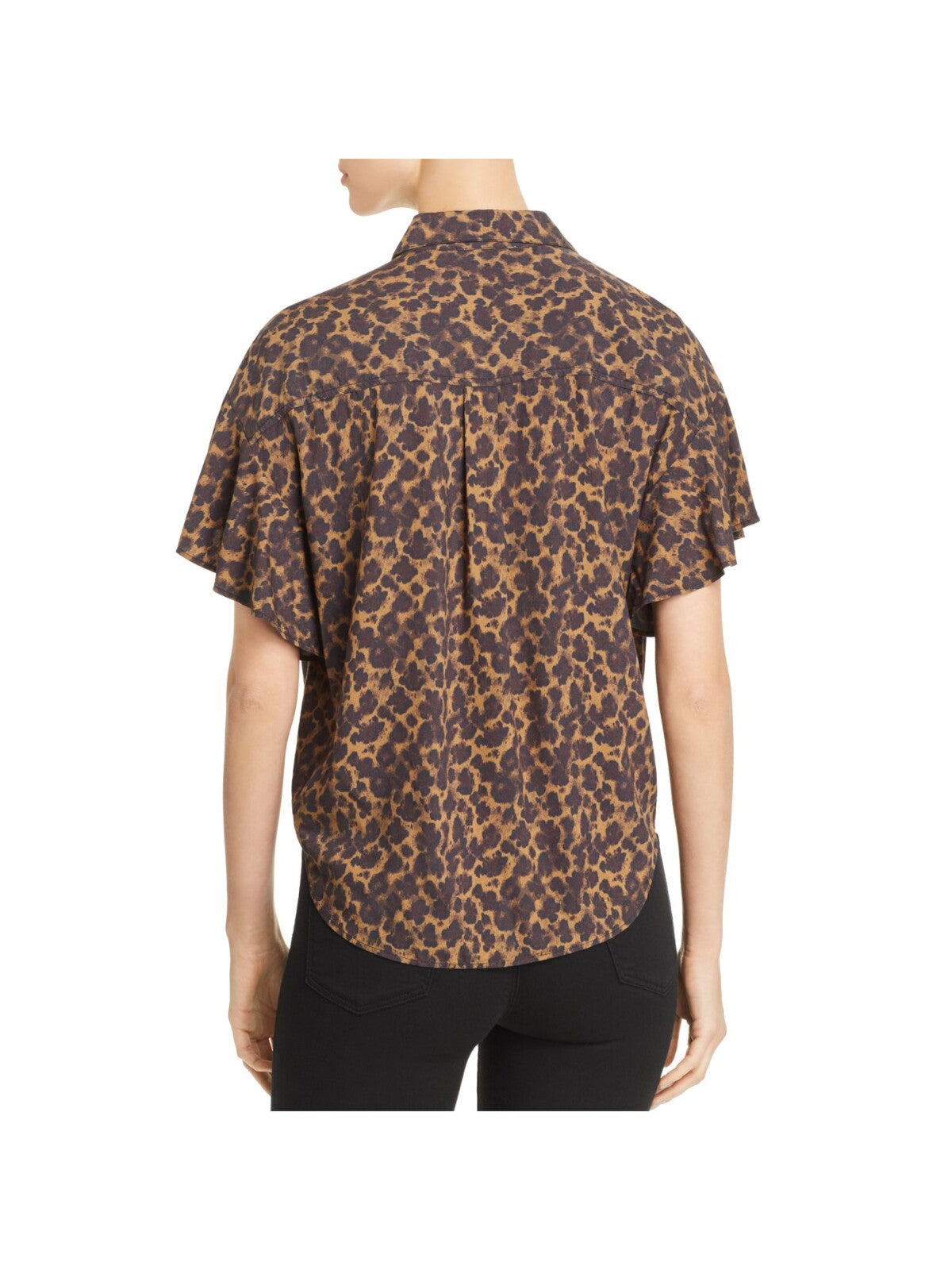 BEACHLUNCHLOUNGE COLLECTION Womens Brown Pleated Tie Front Animal Print Flutter Sleeve Collared Button Up Top L