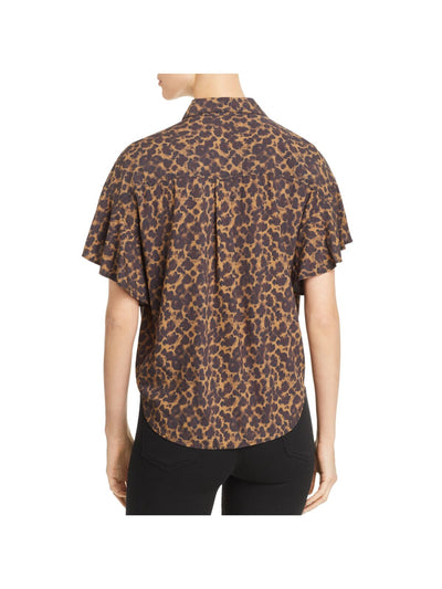 BEACHLUNCHLOUNGE COLLECTION Womens Brown Pleated Tie Front Animal Print Flutter Sleeve Collared Button Up Top XS