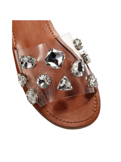 AQUA Womens Brown Translucent Strap Rhinestone Twink Round Toe Slip On Slide Sandals Shoes M