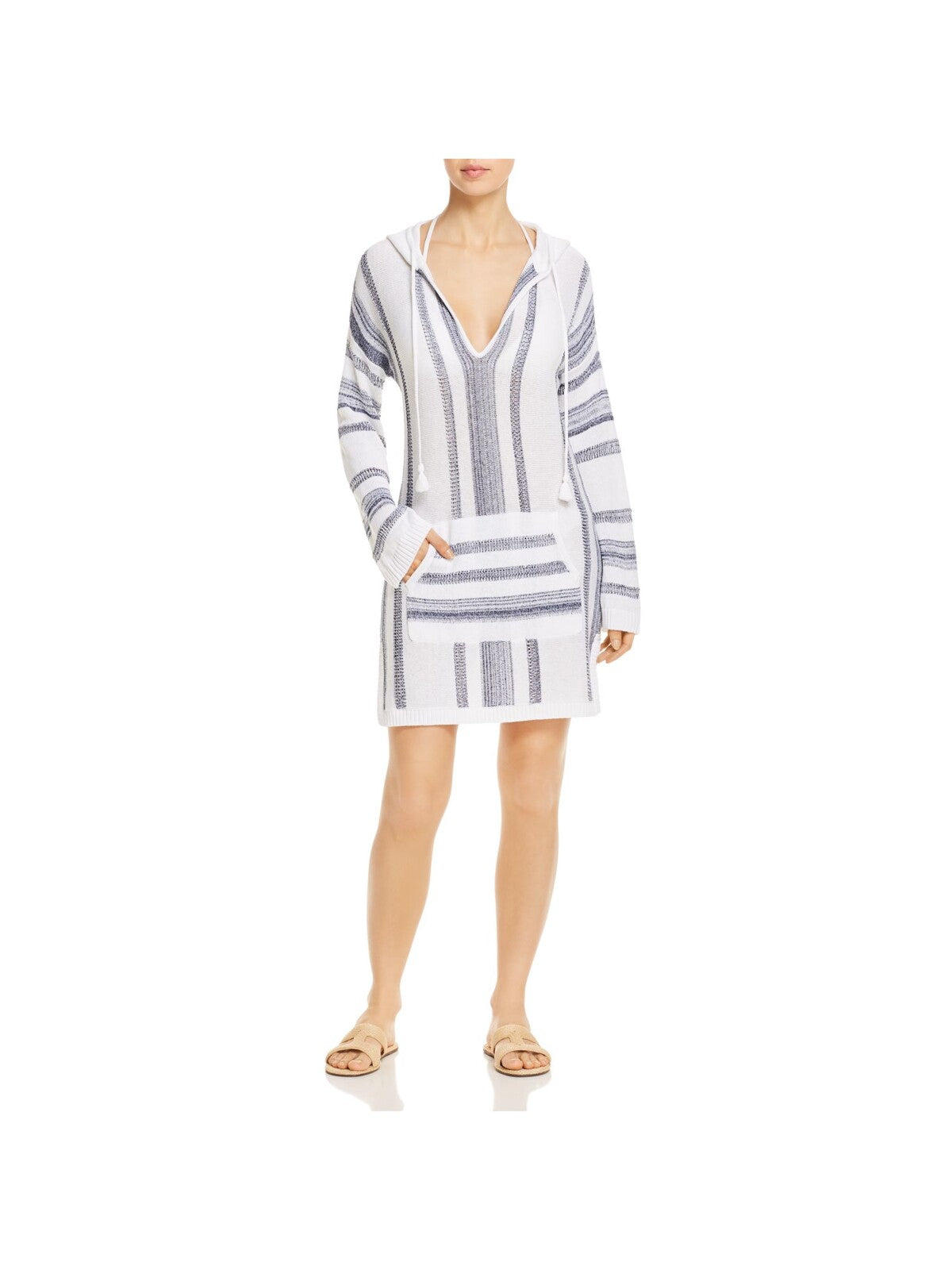 TOMMY BAHAMA Women's White Striped V-Neck Sweater Dress Hooded Pocketed Baja Swimsuit Cover Up L