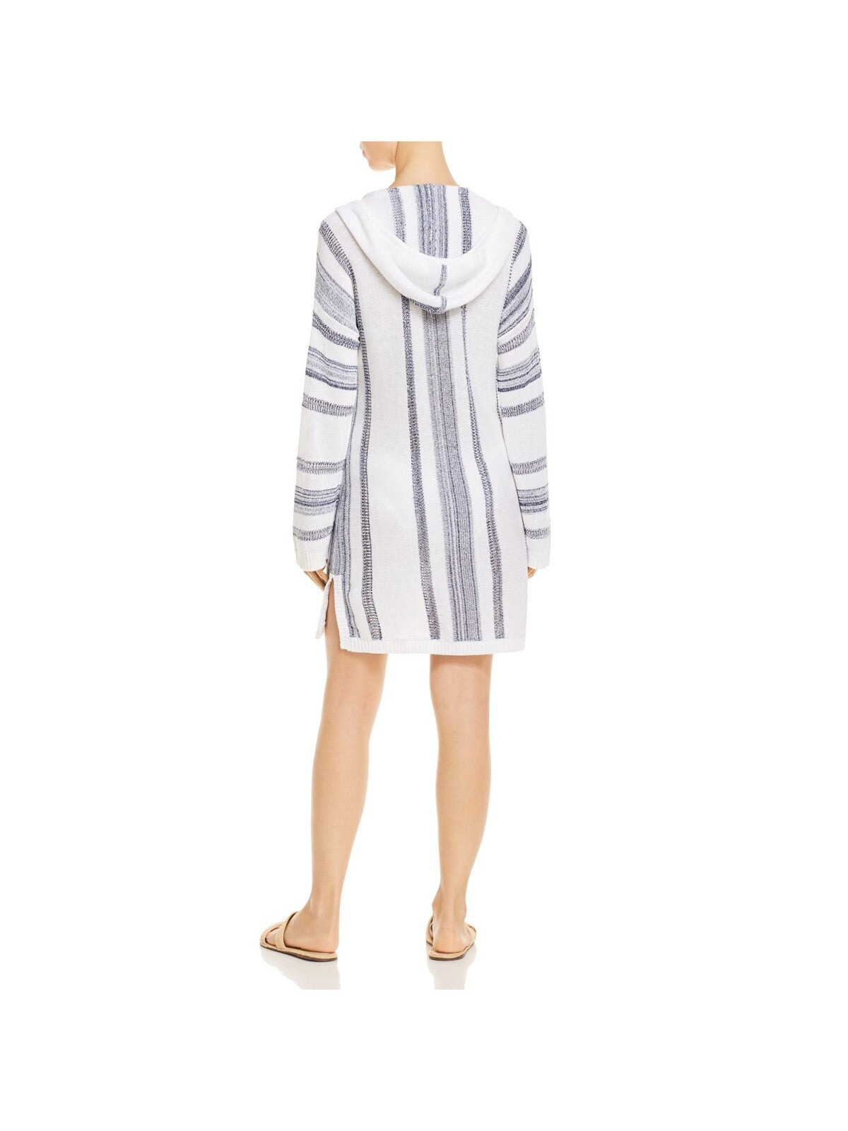 TOMMY BAHAMA Women's White Striped V-Neck Sweater Dress Hooded Pocketed Baja Swimsuit Cover Up L