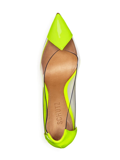 SCHUTZ Womens Green Transparent Panels Padded Cendi Pointed Toe Stiletto Slip On Leather Dress Pumps Shoes