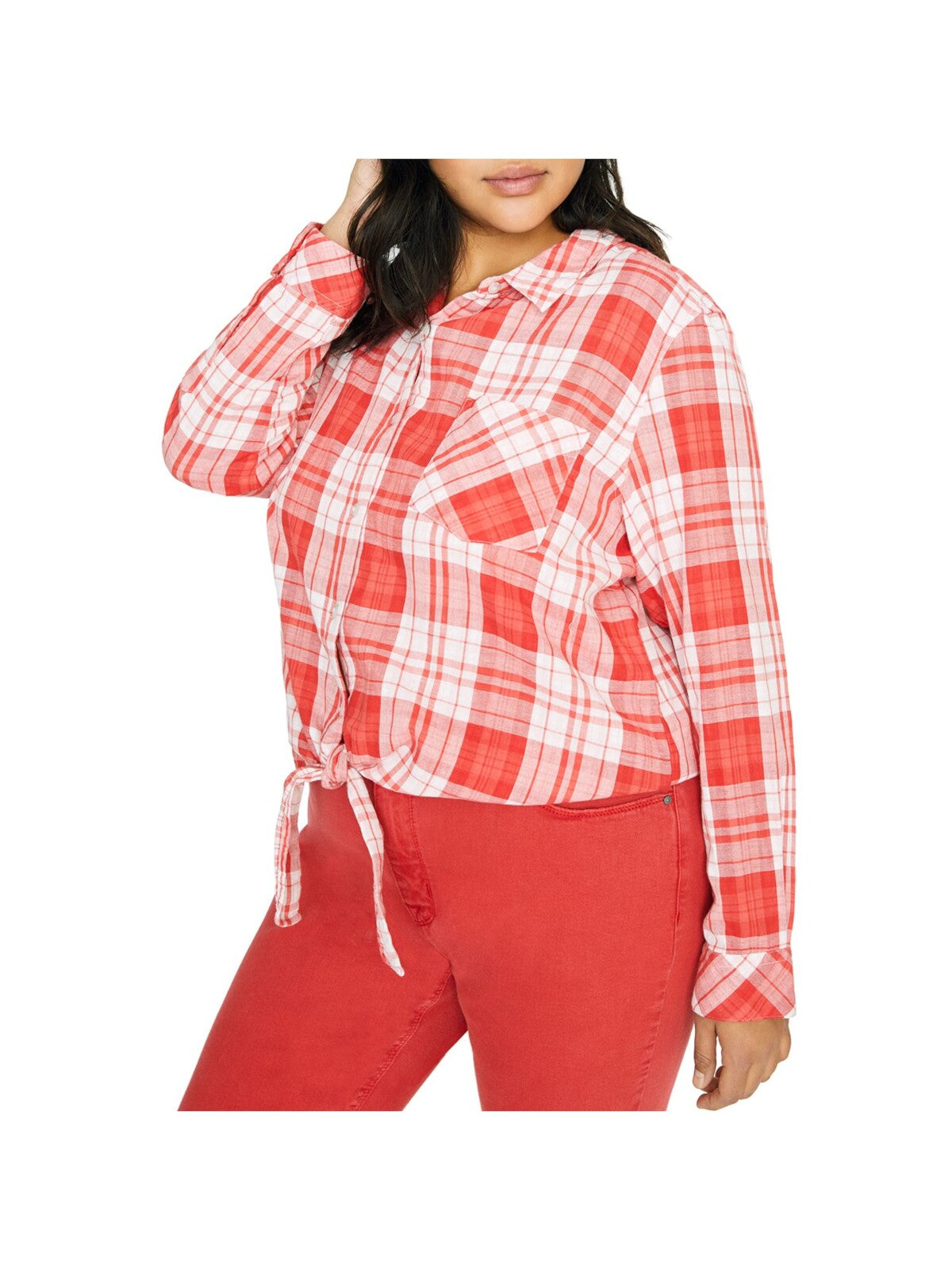 SANCTUARY Womens Red Pocketed Tie Front Plaid Cuffed Sleeve Collared Button Up Top Plus 2X