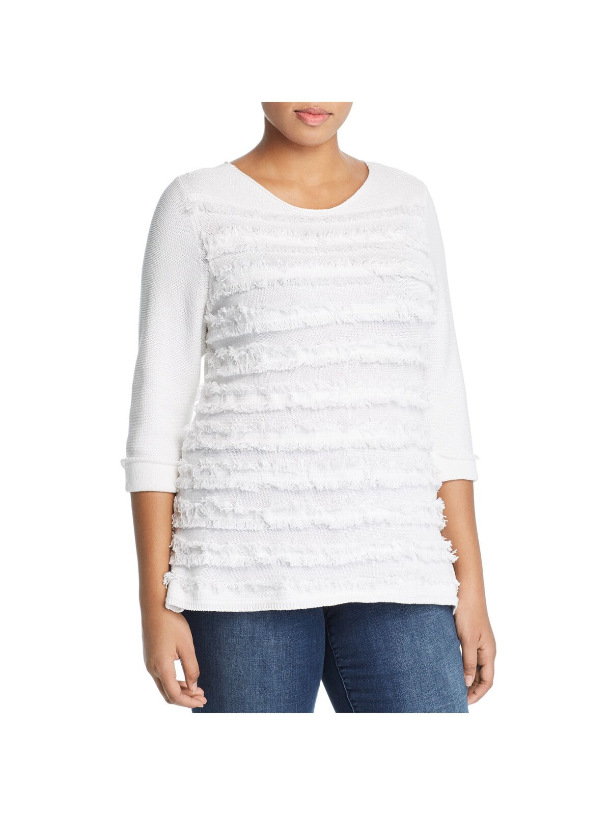 NIC+ZOE Womens White Fringed Textured Split Side Seams 3/4 Sleeve Jewel Neck Sweater Plus 2X